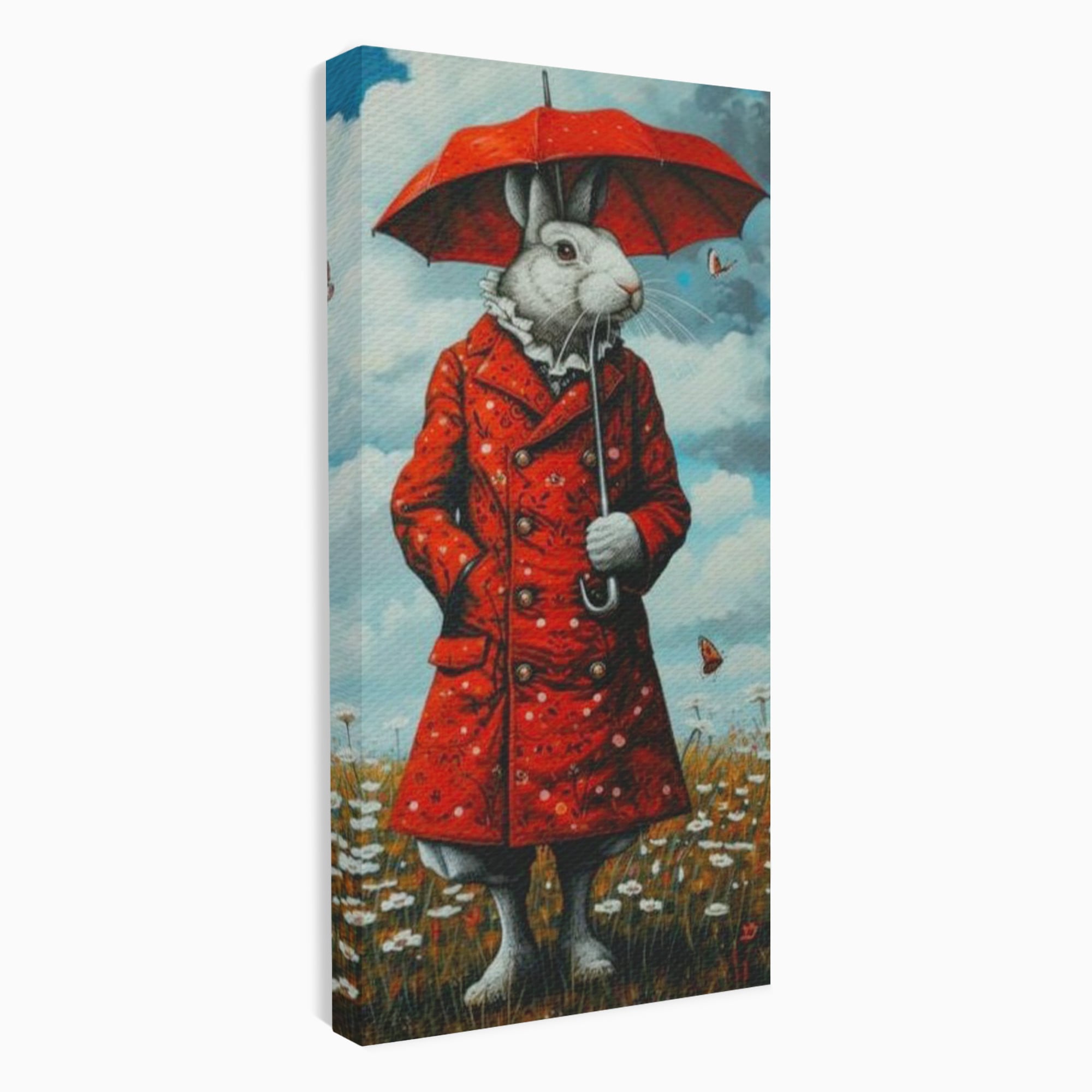 Leinwand Wandkunst Leinwand Wandkunst Premium, LuxCanva® K1005, Herr Hase und Schmetterlinge, Fahrt, Regen, Rot, Regenschirm, Regenschirm, Blumen, Eleganz, Mantel, Knöpfe, Märchen, Märchen, Animiert, Kinderzimmer