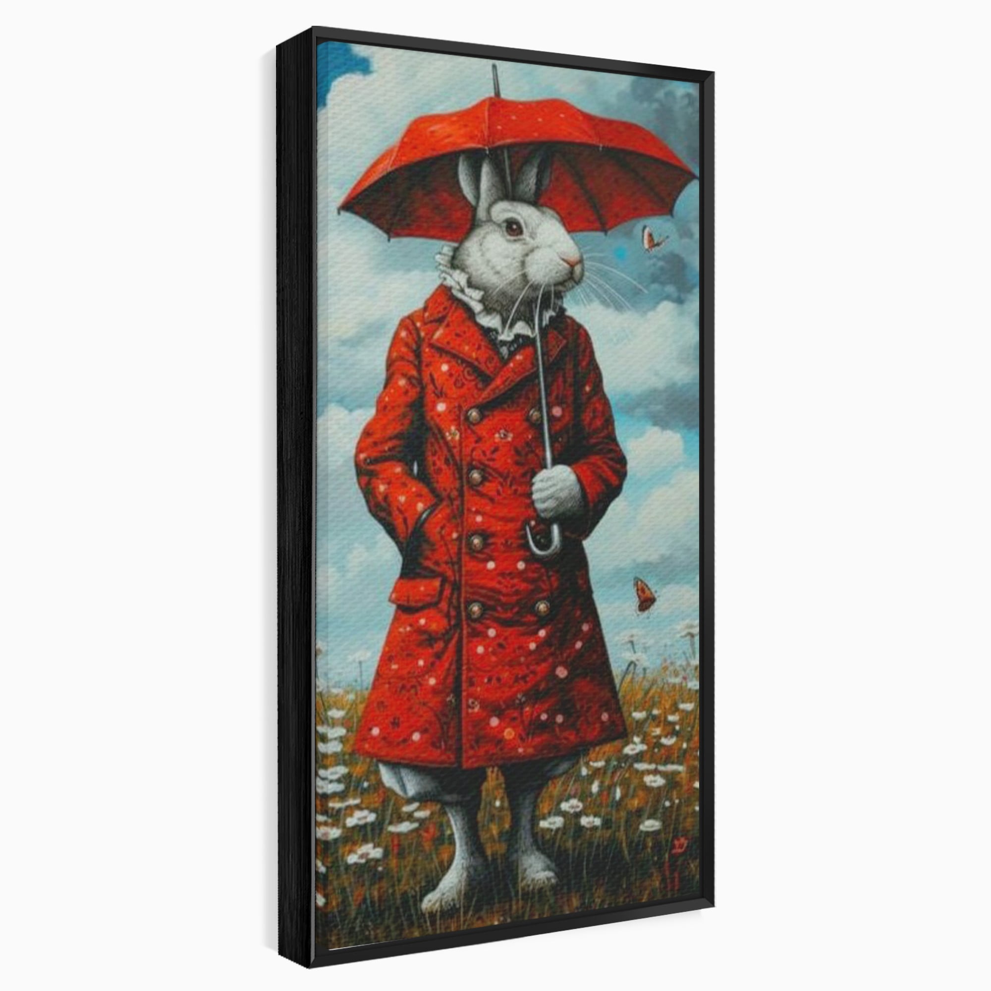 Leinwand Wandkunst Leinwand Wandkunst Premium, LuxCanva® K1005, Herr Hase und Schmetterlinge, Fahrt, Regen, Rot, Regenschirm, Regenschirm, Blumen, Eleganz, Mantel, Knöpfe, Märchen, Märchen, Animiert, Kinderzimmer