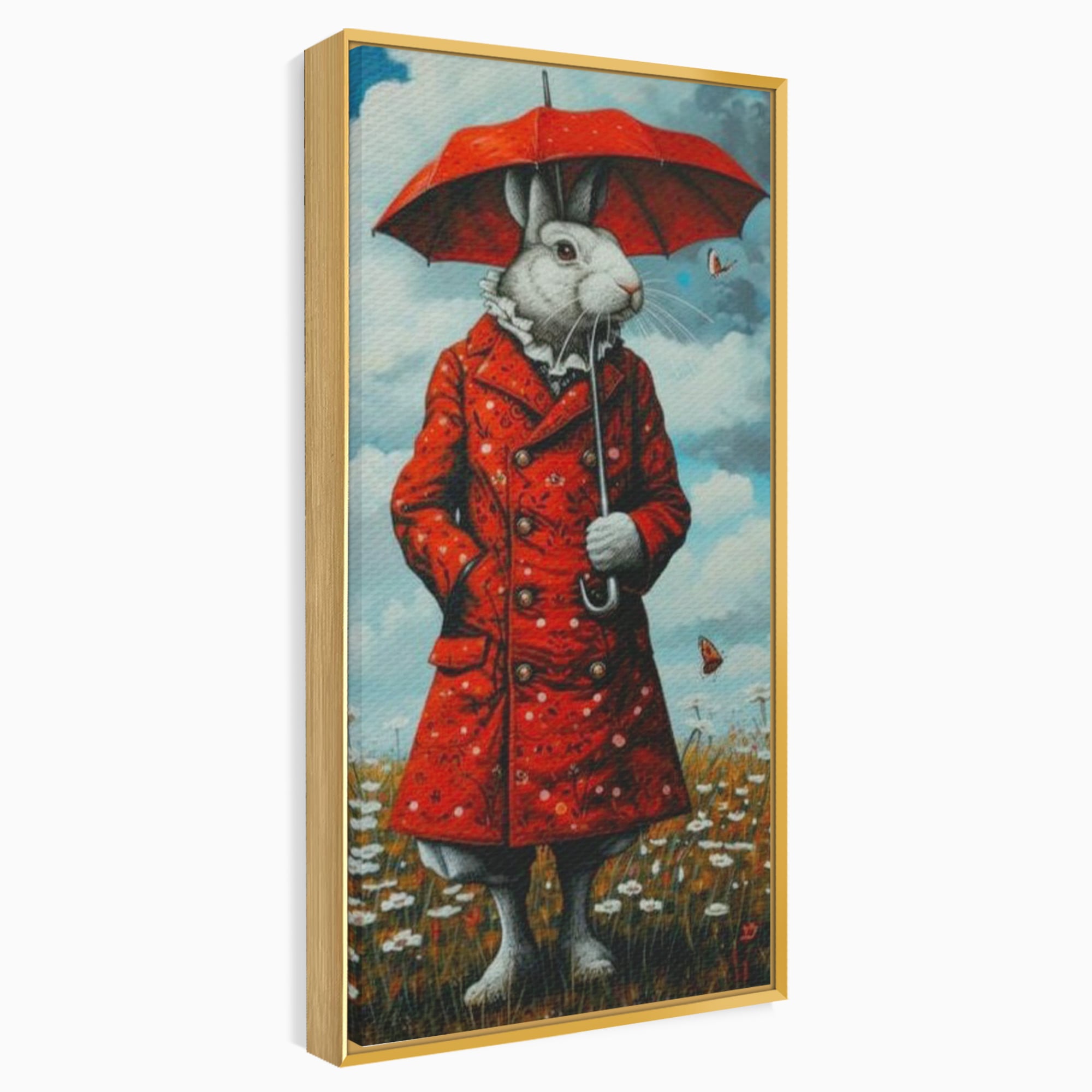 Leinwand Wandkunst Leinwand Wandkunst Premium, LuxCanva® K1005, Herr Hase und Schmetterlinge, Fahrt, Regen, Rot, Regenschirm, Regenschirm, Blumen, Eleganz, Mantel, Knöpfe, Märchen, Märchen, Animiert, Kinderzimmer