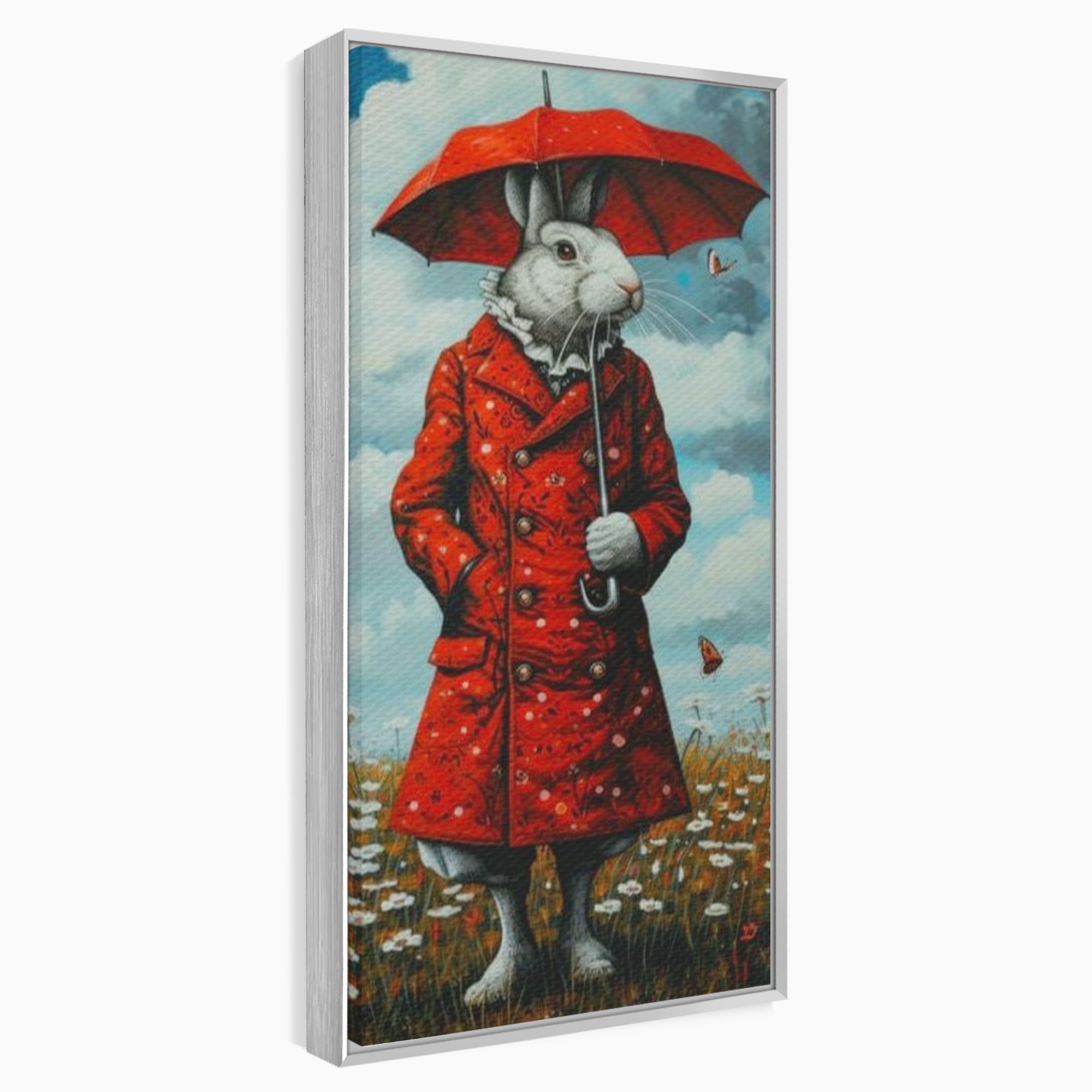 Leinwand Wandkunst Leinwand Wandkunst Premium, LuxCanva® K1005, Herr Hase und Schmetterlinge, Fahrt, Regen, Rot, Regenschirm, Regenschirm, Blumen, Eleganz, Mantel, Knöpfe, Märchen, Märchen, Animiert, Kinderzimmer