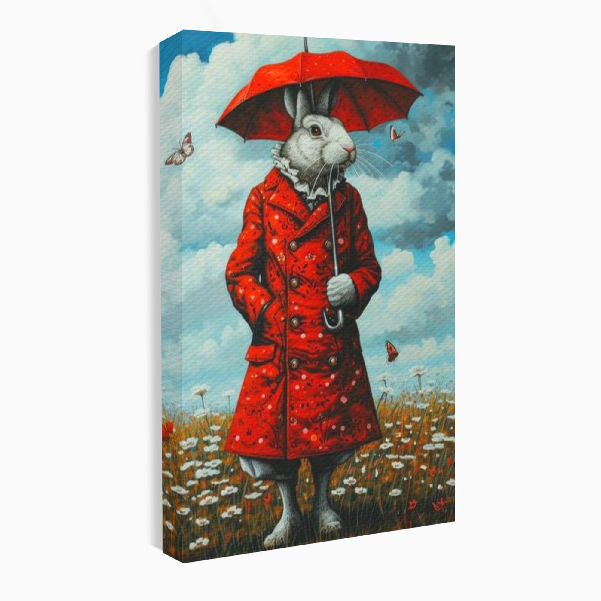 Leinwand Wandkunst Leinwand Wandkunst Premium, LuxCanva® K1005, Herr Hase und Schmetterlinge, Fahrt, Regen, Rot, Regenschirm, Regenschirm, Blumen, Eleganz, Mantel, Knöpfe, Märchen, Märchen, Animiert, Kinderzimmer