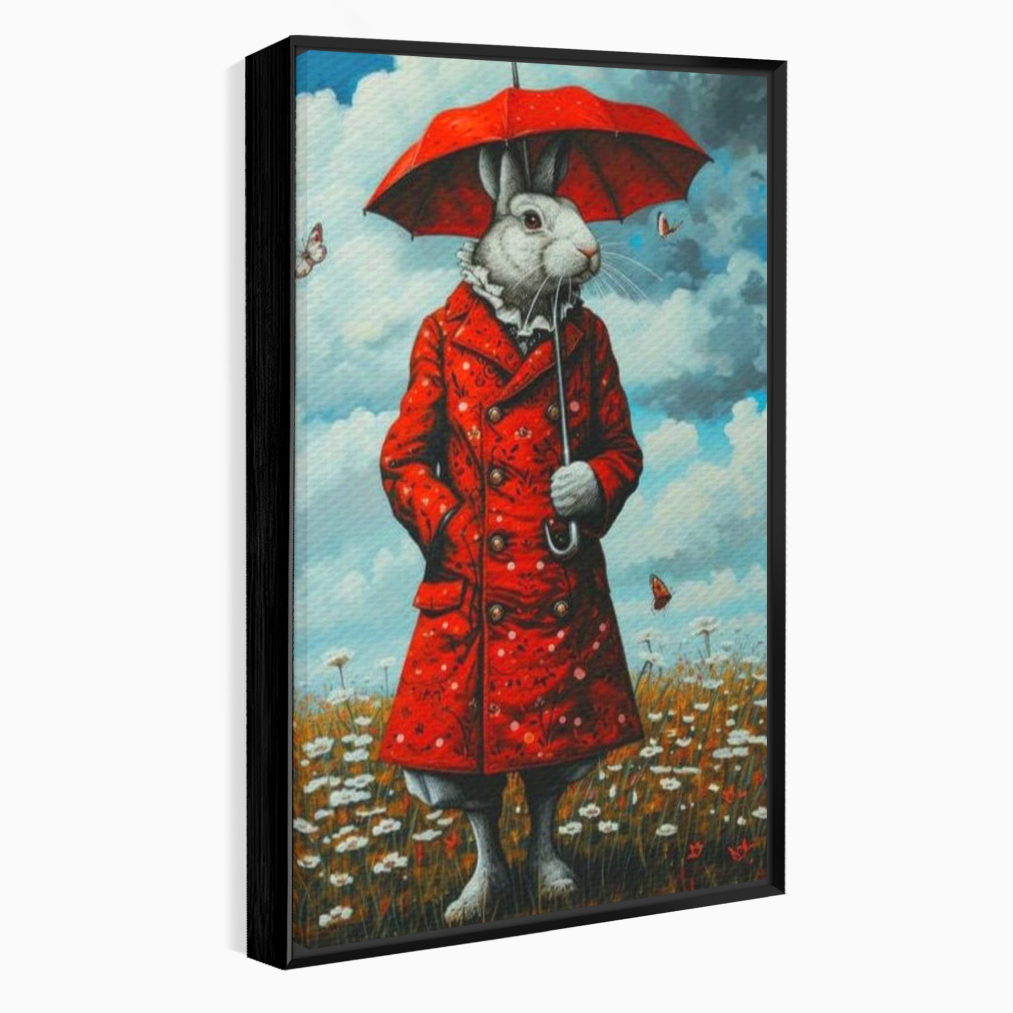 Leinwand Wandkunst Leinwand Wandkunst Premium, LuxCanva® K1005, Herr Hase und Schmetterlinge, Fahrt, Regen, Rot, Regenschirm, Regenschirm, Blumen, Eleganz, Mantel, Knöpfe, Märchen, Märchen, Animiert, Kinderzimmer