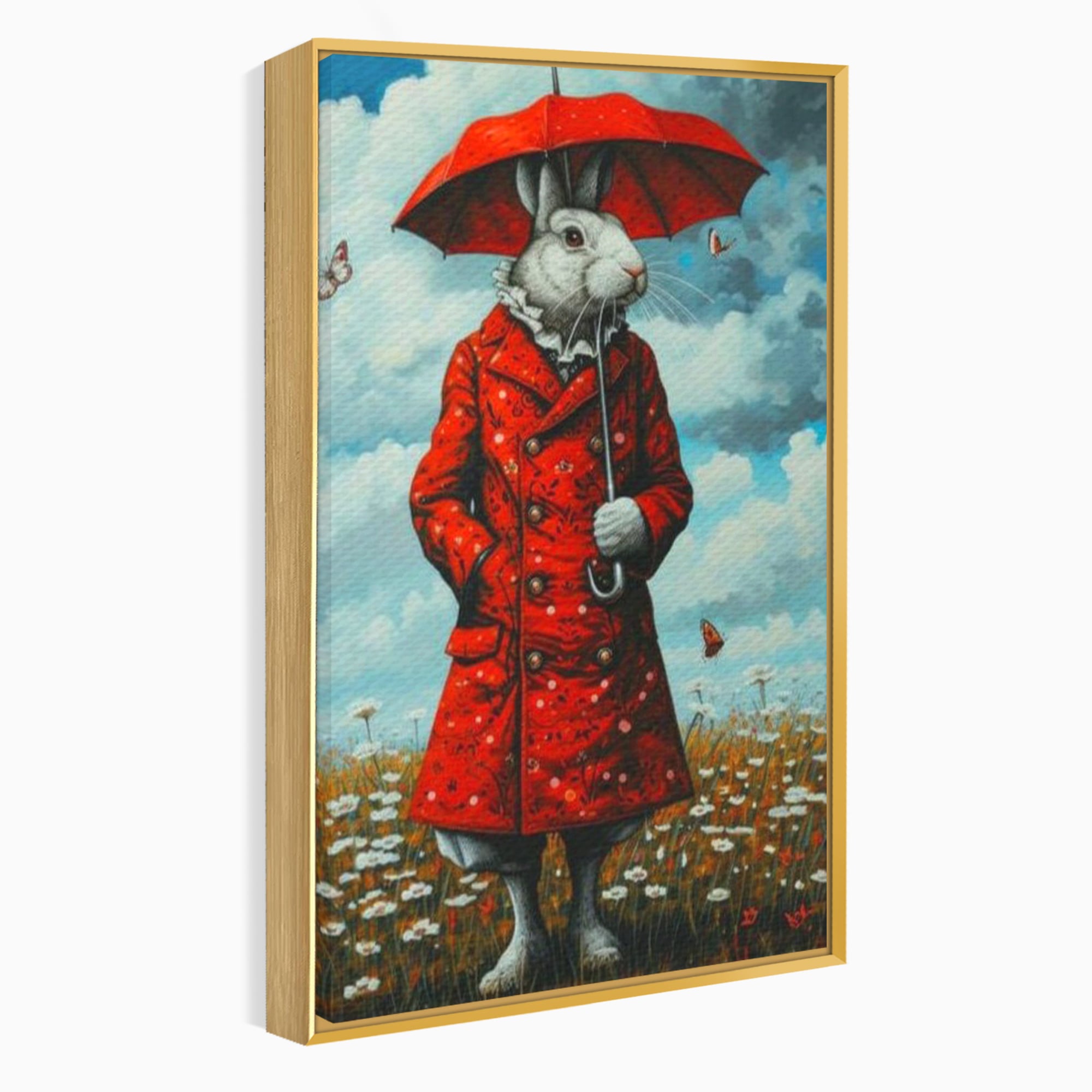 Leinwand Wandkunst Leinwand Wandkunst Premium, LuxCanva® K1005, Herr Hase und Schmetterlinge, Fahrt, Regen, Rot, Regenschirm, Regenschirm, Blumen, Eleganz, Mantel, Knöpfe, Märchen, Märchen, Animiert, Kinderzimmer