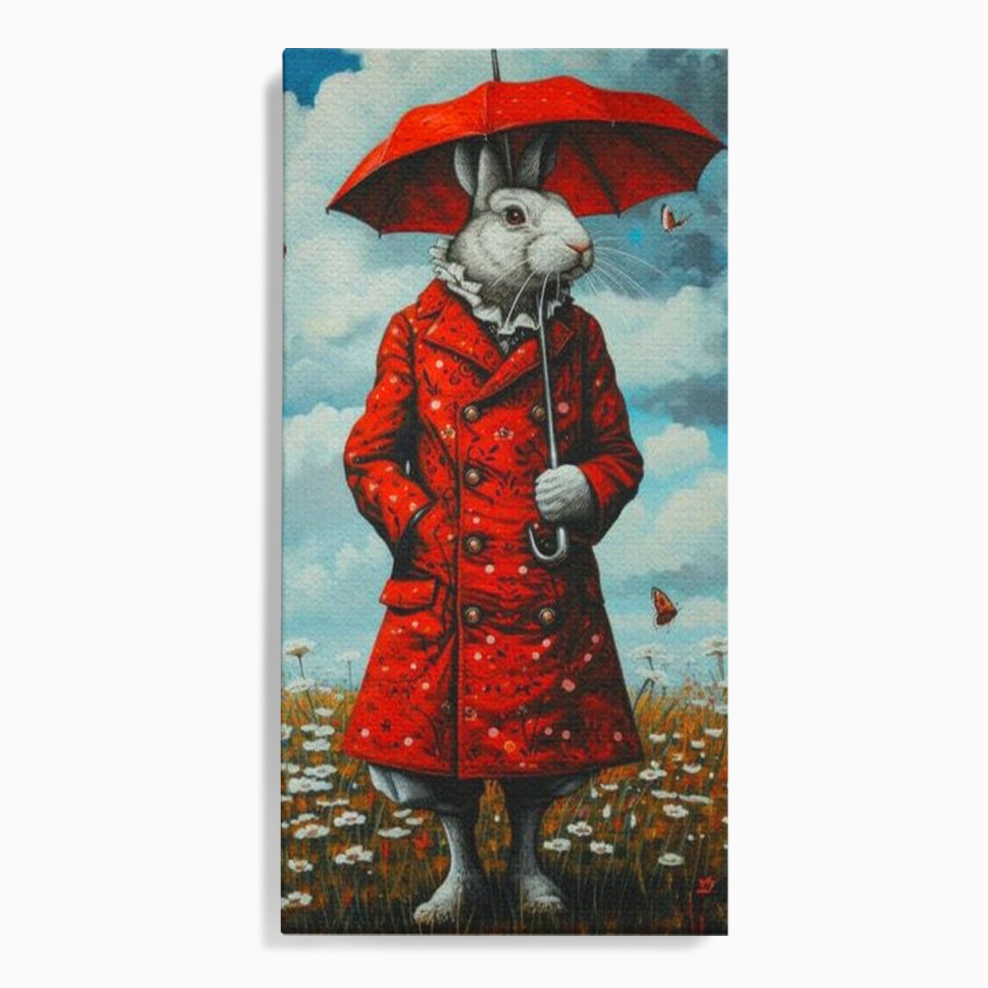 Leinwand Wandkunst Leinwand Wandkunst Premium, LuxCanva® K1005, Herr Hase und Schmetterlinge, Fahrt, Regen, Rot, Regenschirm, Regenschirm, Blumen, Eleganz, Mantel, Knöpfe, Märchen, Märchen, Animiert, Kinderzimmer