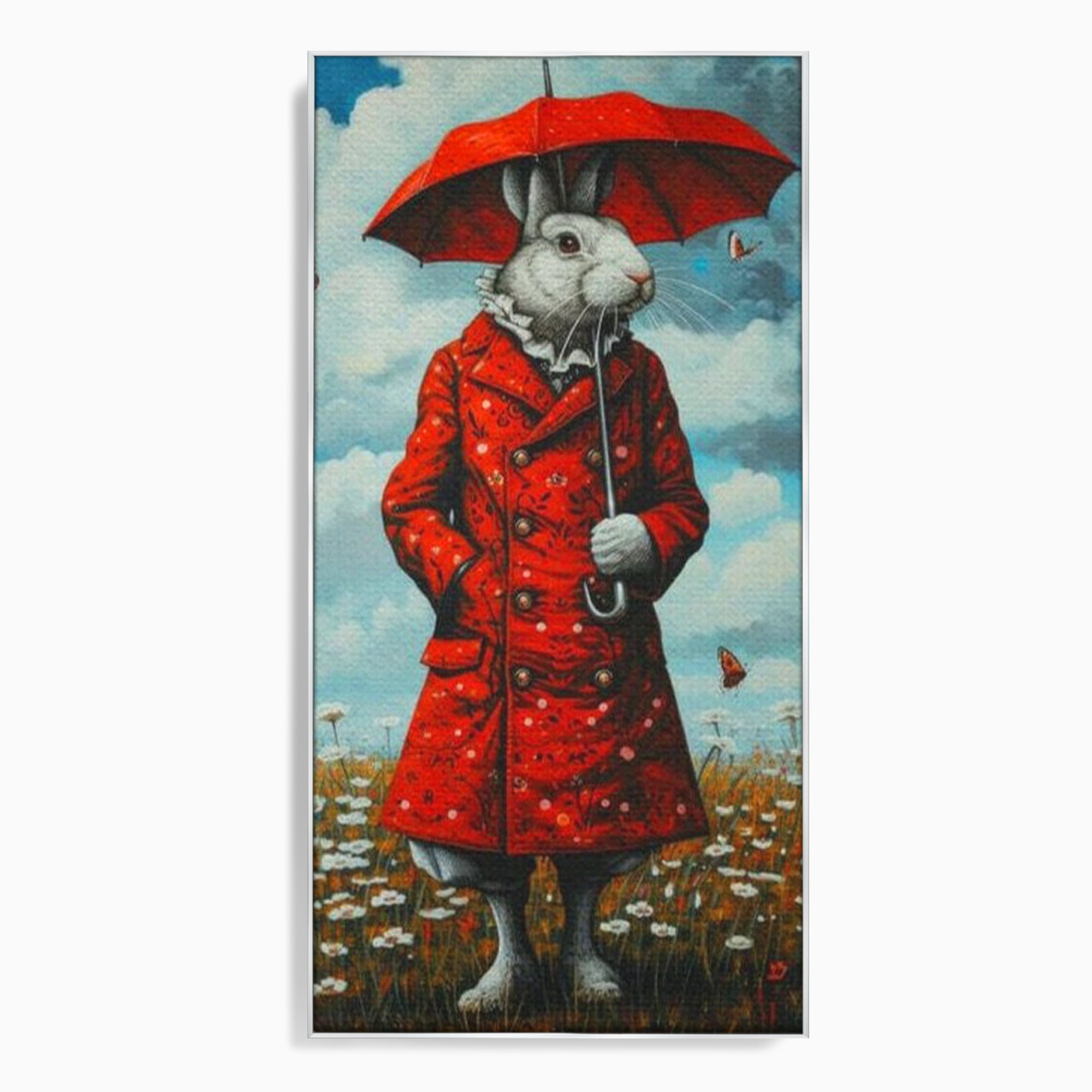 Leinwand Wandkunst Leinwand Wandkunst Premium, LuxCanva® K1005, Herr Hase und Schmetterlinge, Fahrt, Regen, Rot, Regenschirm, Regenschirm, Blumen, Eleganz, Mantel, Knöpfe, Märchen, Märchen, Animiert, Kinderzimmer