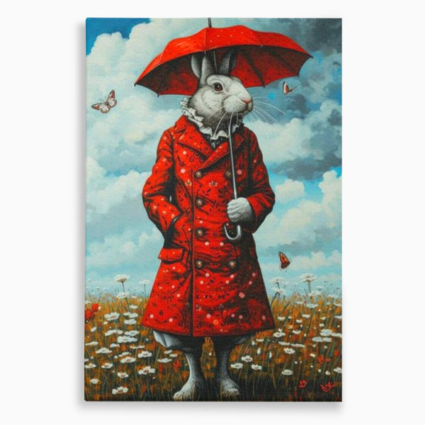 Leinwand Wandkunst Leinwand Wandkunst Premium, LuxCanva® K1005, Herr Hase und Schmetterlinge, Fahrt, Regen, Rot, Regenschirm, Regenschirm, Blumen, Eleganz, Mantel, Knöpfe, Märchen, Märchen, Animiert, Kinderzimmer