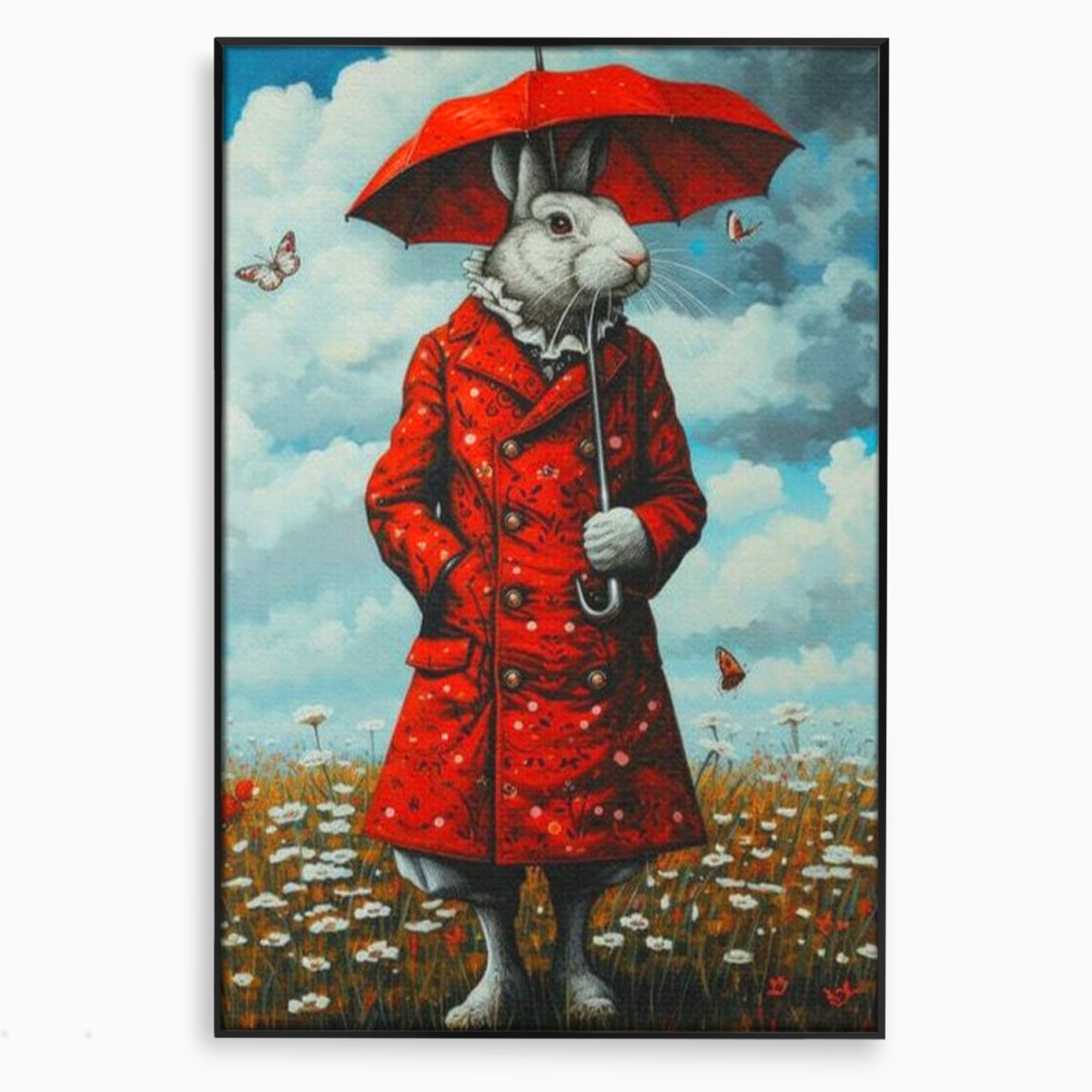 Leinwand Wandkunst Leinwand Wandkunst Premium, LuxCanva® K1005, Herr Hase und Schmetterlinge, Fahrt, Regen, Rot, Regenschirm, Regenschirm, Blumen, Eleganz, Mantel, Knöpfe, Märchen, Märchen, Animiert, Kinderzimmer
