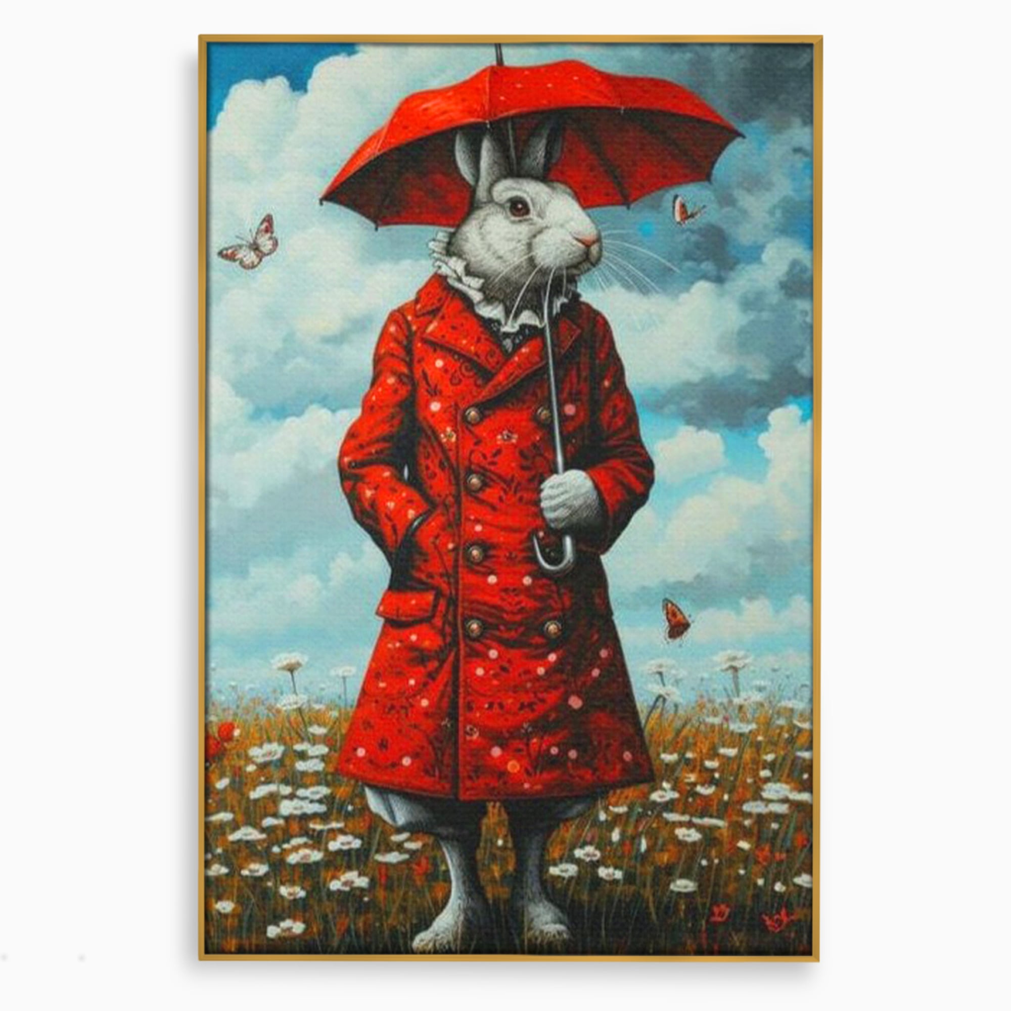 Leinwand Wandkunst Leinwand Wandkunst Premium, LuxCanva® K1005, Herr Hase und Schmetterlinge, Fahrt, Regen, Rot, Regenschirm, Regenschirm, Blumen, Eleganz, Mantel, Knöpfe, Märchen, Märchen, Animiert, Kinderzimmer