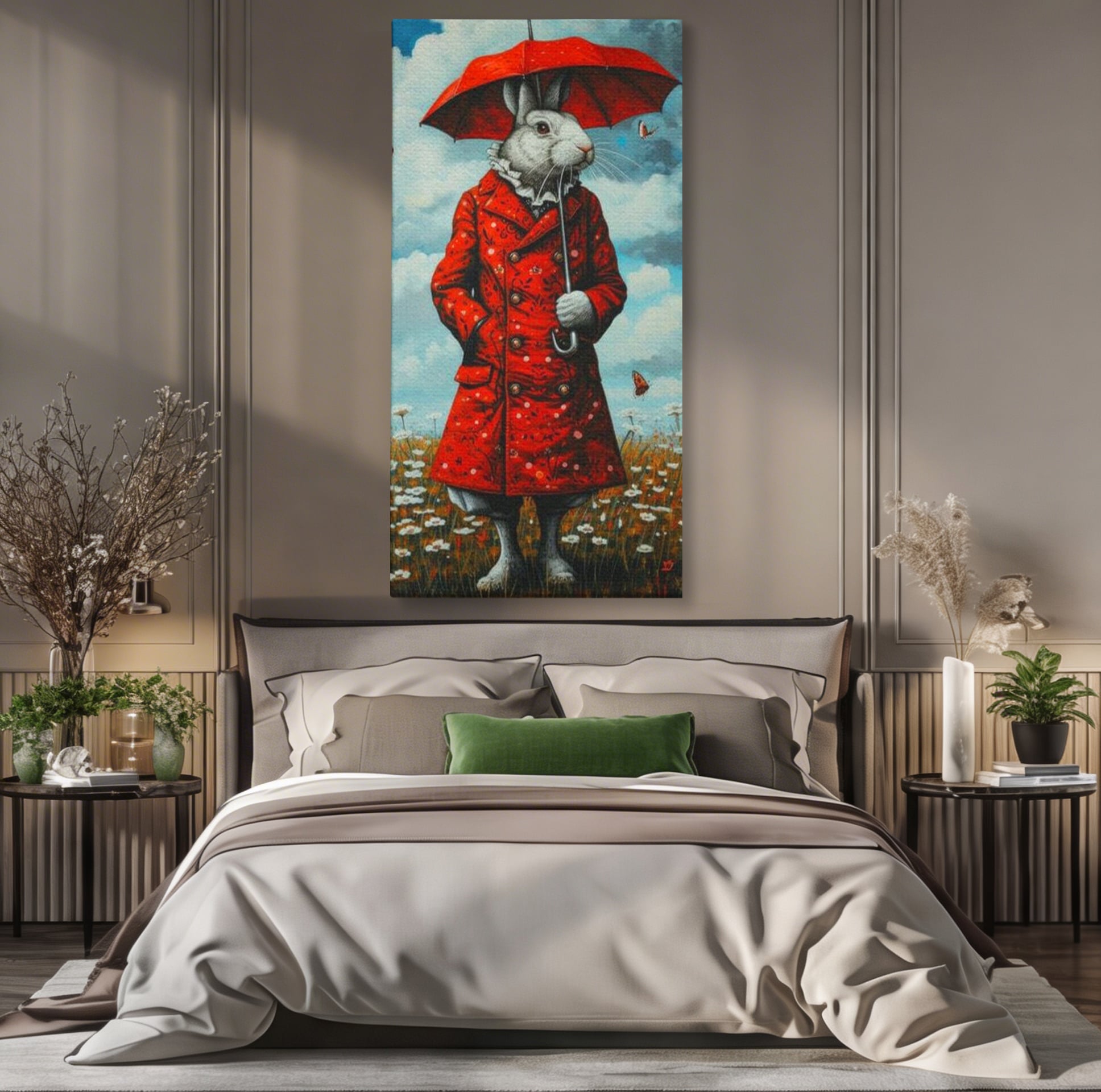 Leinwand Wandkunst Leinwand Wandkunst Premium, LuxCanva® K1005, Herr Hase und Schmetterlinge, Fahrt, Regen, Rot, Regenschirm, Regenschirm, Blumen, Eleganz, Mantel, Knöpfe, Märchen, Märchen, Animiert, Kinderzimmer