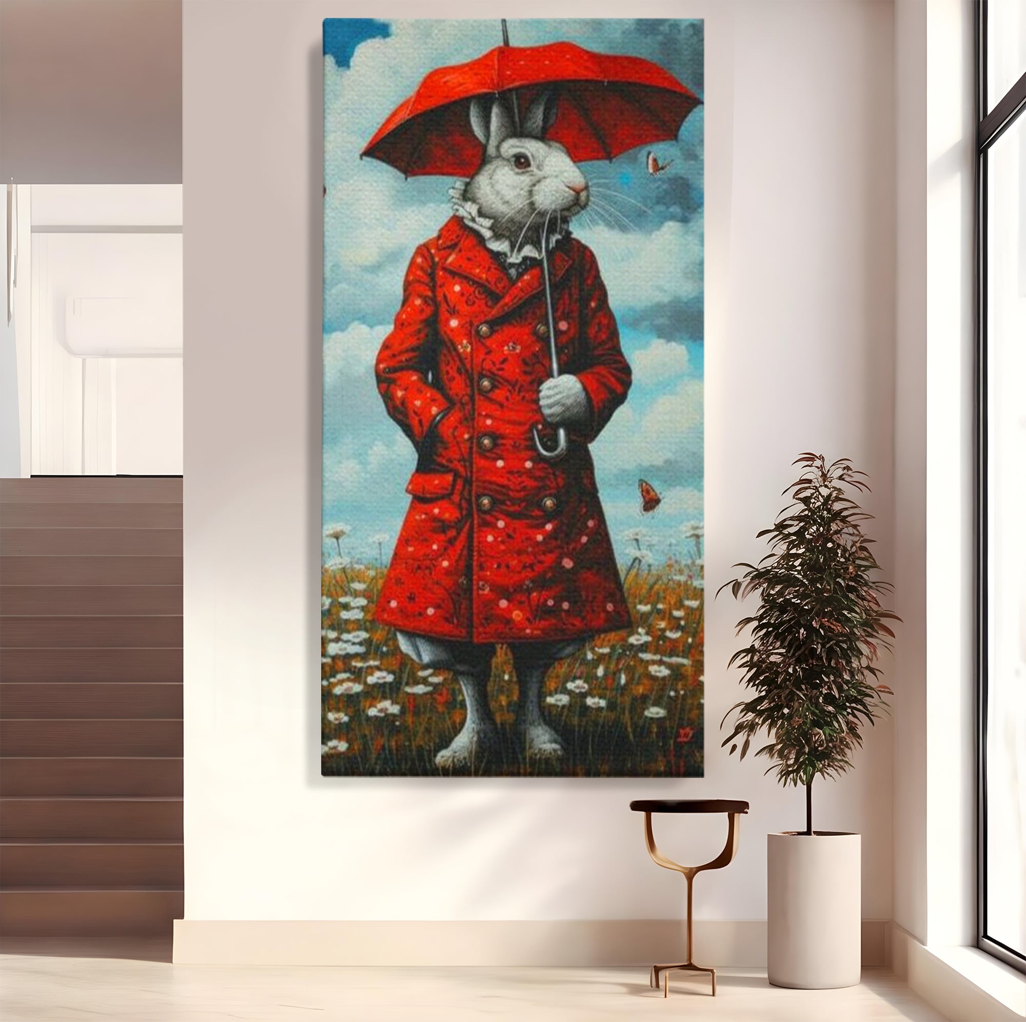 Leinwand Wandkunst Leinwand Wandkunst Premium, LuxCanva® K1005, Herr Hase und Schmetterlinge, Fahrt, Regen, Rot, Regenschirm, Regenschirm, Blumen, Eleganz, Mantel, Knöpfe, Märchen, Märchen, Animiert, Kinderzimmer