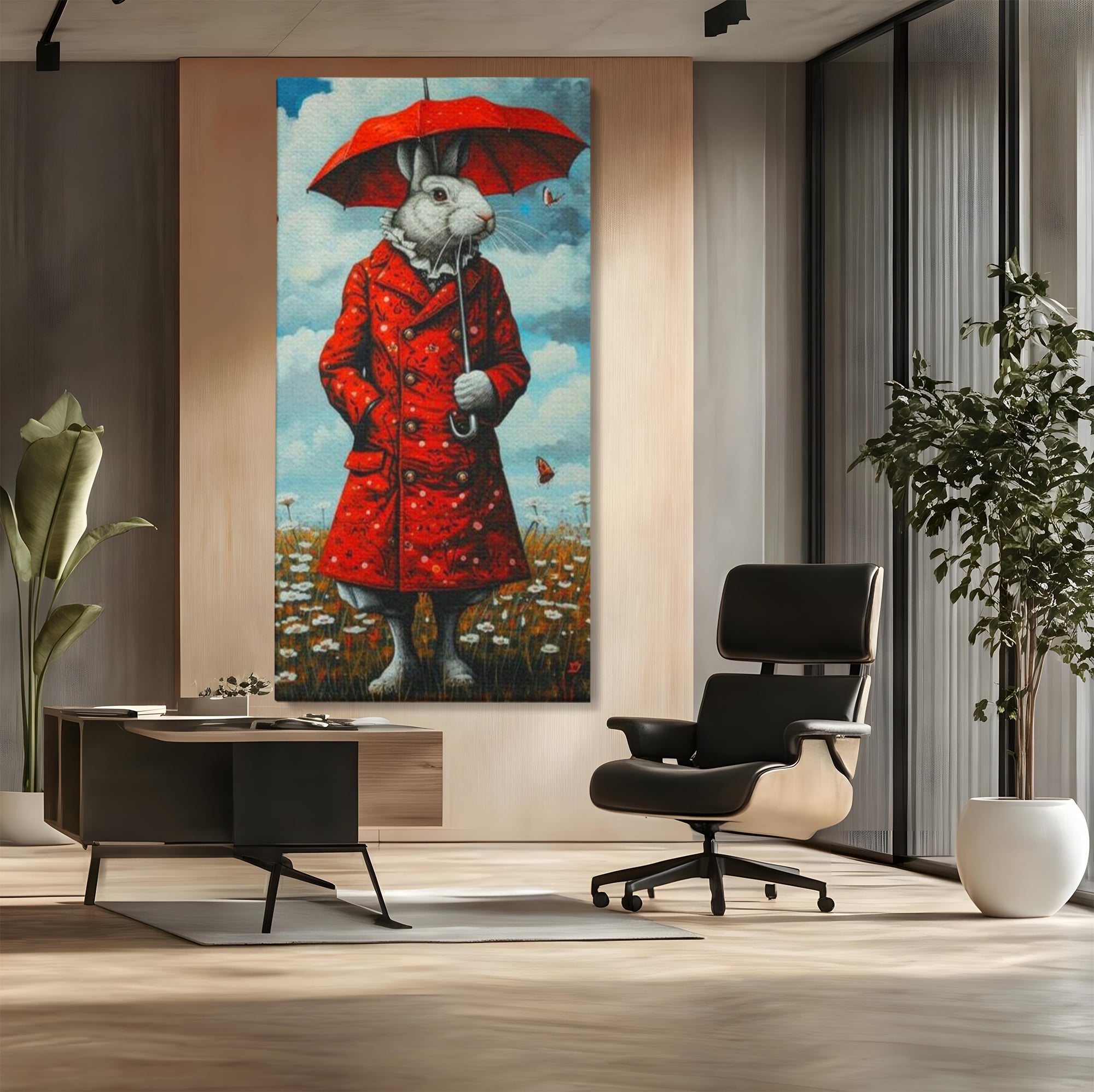 Leinwand Wandkunst Leinwand Wandkunst Premium, LuxCanva® K1005, Herr Hase und Schmetterlinge, Fahrt, Regen, Rot, Regenschirm, Regenschirm, Blumen, Eleganz, Mantel, Knöpfe, Märchen, Märchen, Animiert, Kinderzimmer