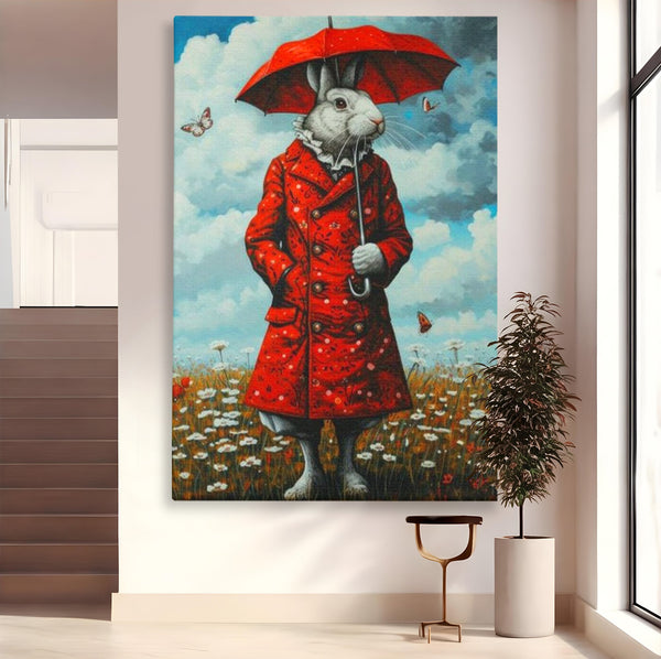 Leinwand Wandkunst Leinwand Wandkunst Premium, LuxCanva® K1005, Herr Hase und Schmetterlinge, Fahrt, Regen, Rot, Regenschirm, Regenschirm, Blumen, Eleganz, Mantel, Knöpfe, Märchen, Märchen, Animiert, Kinderzimmer