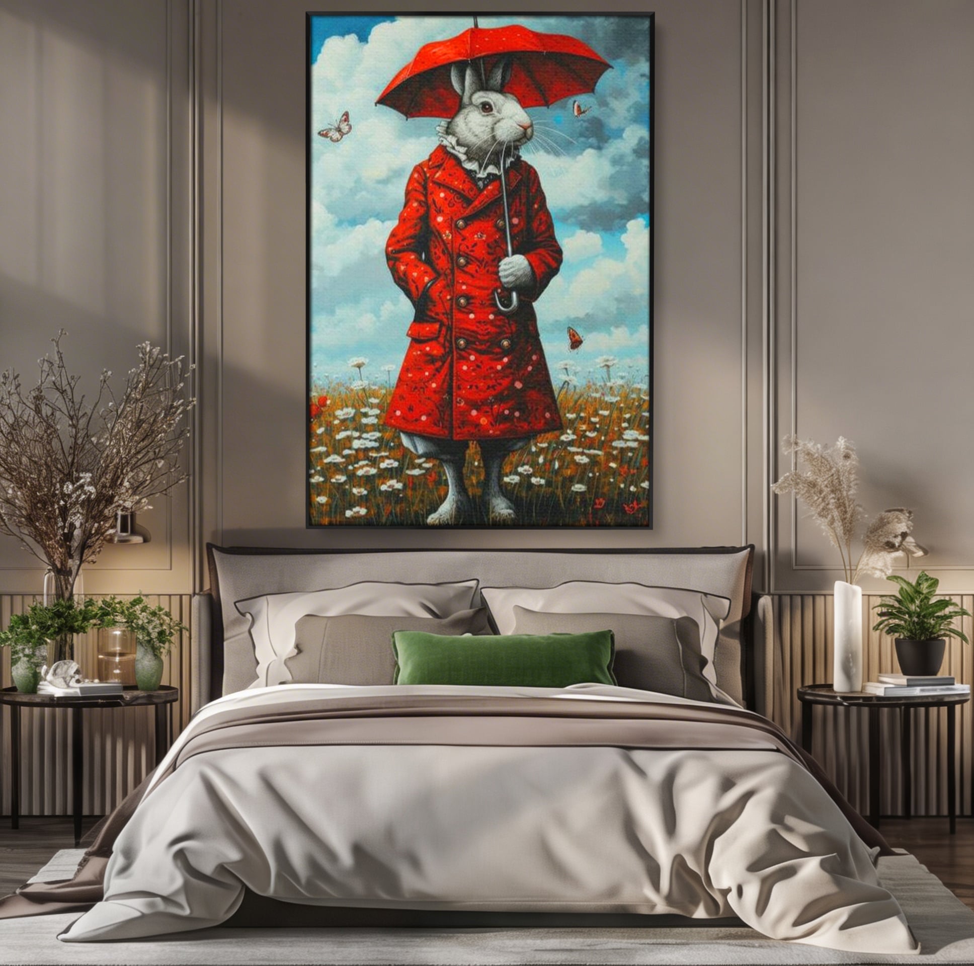 Leinwand Wandkunst Leinwand Wandkunst Premium, LuxCanva® K1005, Herr Hase und Schmetterlinge, Fahrt, Regen, Rot, Regenschirm, Regenschirm, Blumen, Eleganz, Mantel, Knöpfe, Märchen, Märchen, Animiert, Kinderzimmer