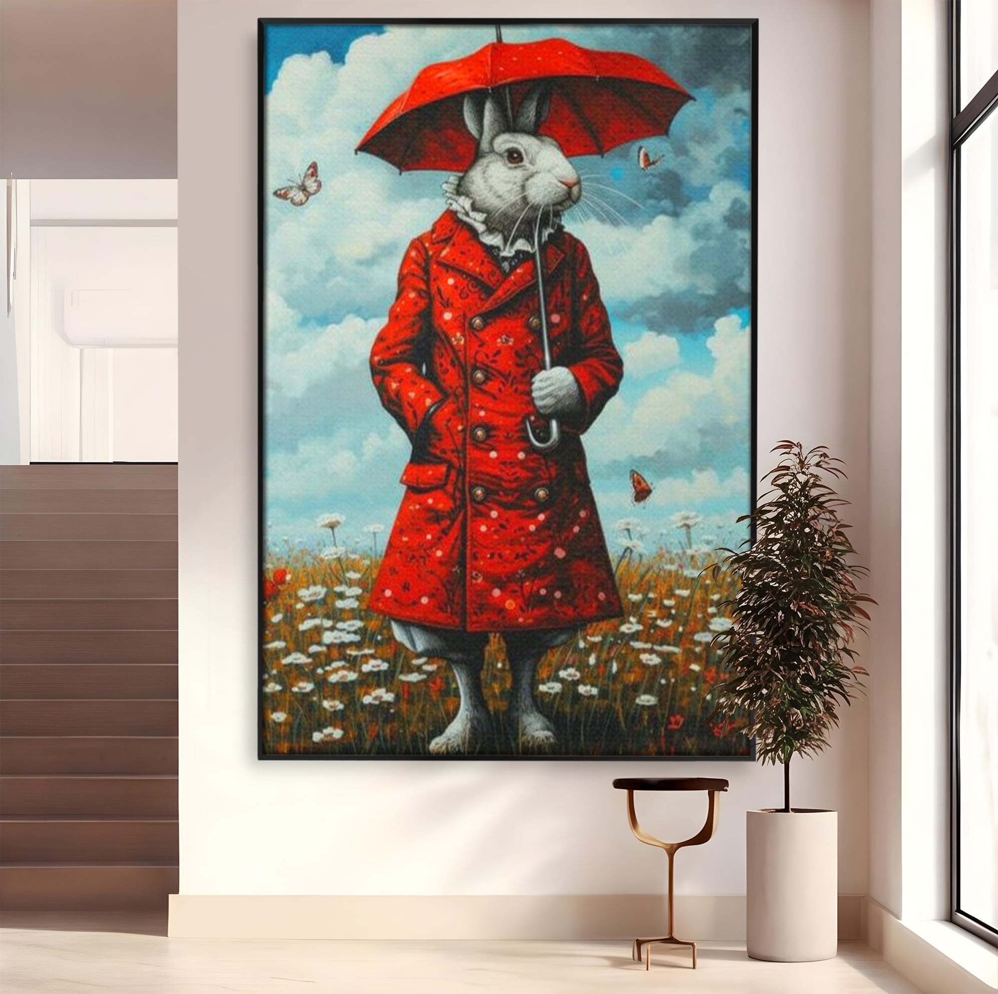 Leinwand Wandkunst Leinwand Wandkunst Premium, LuxCanva® K1005, Herr Hase und Schmetterlinge, Fahrt, Regen, Rot, Regenschirm, Regenschirm, Blumen, Eleganz, Mantel, Knöpfe, Märchen, Märchen, Animiert, Kinderzimmer