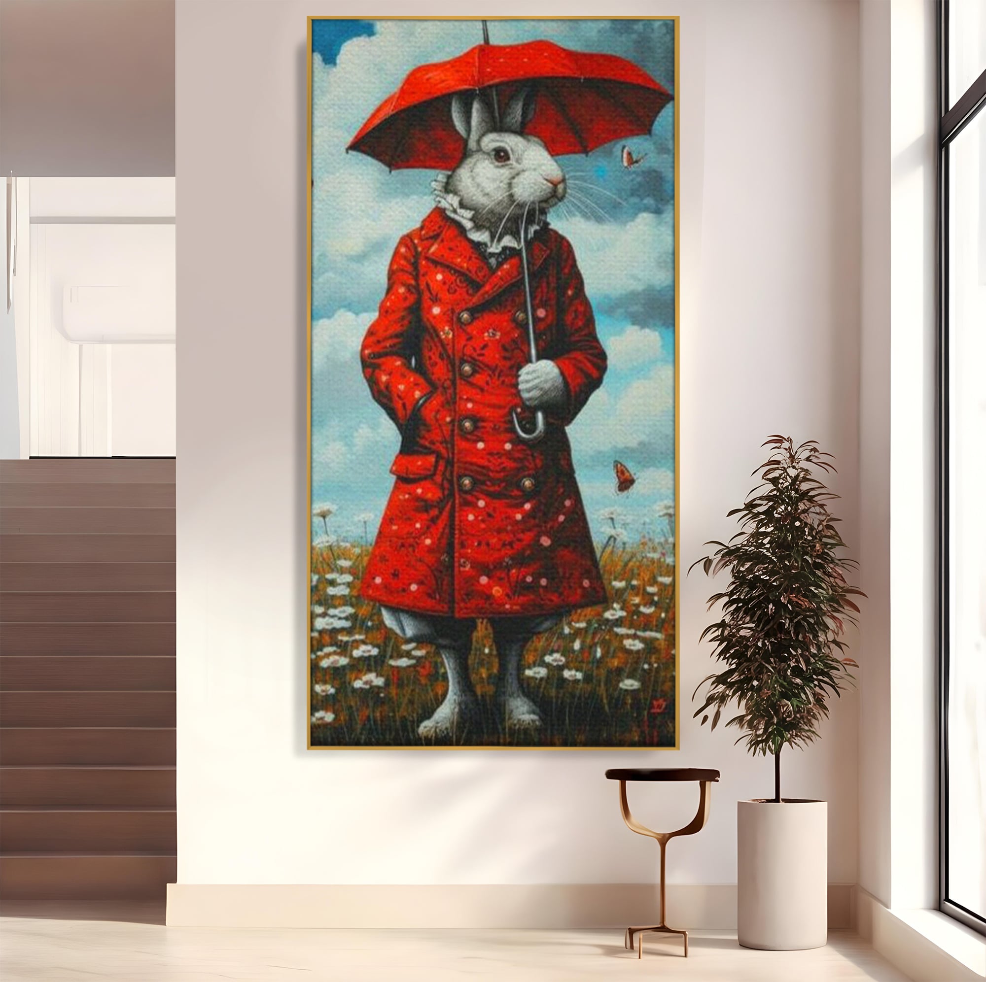 Leinwand Wandkunst Leinwand Wandkunst Premium, LuxCanva® K1005, Herr Hase und Schmetterlinge, Fahrt, Regen, Rot, Regenschirm, Regenschirm, Blumen, Eleganz, Mantel, Knöpfe, Märchen, Märchen, Animiert, Kinderzimmer