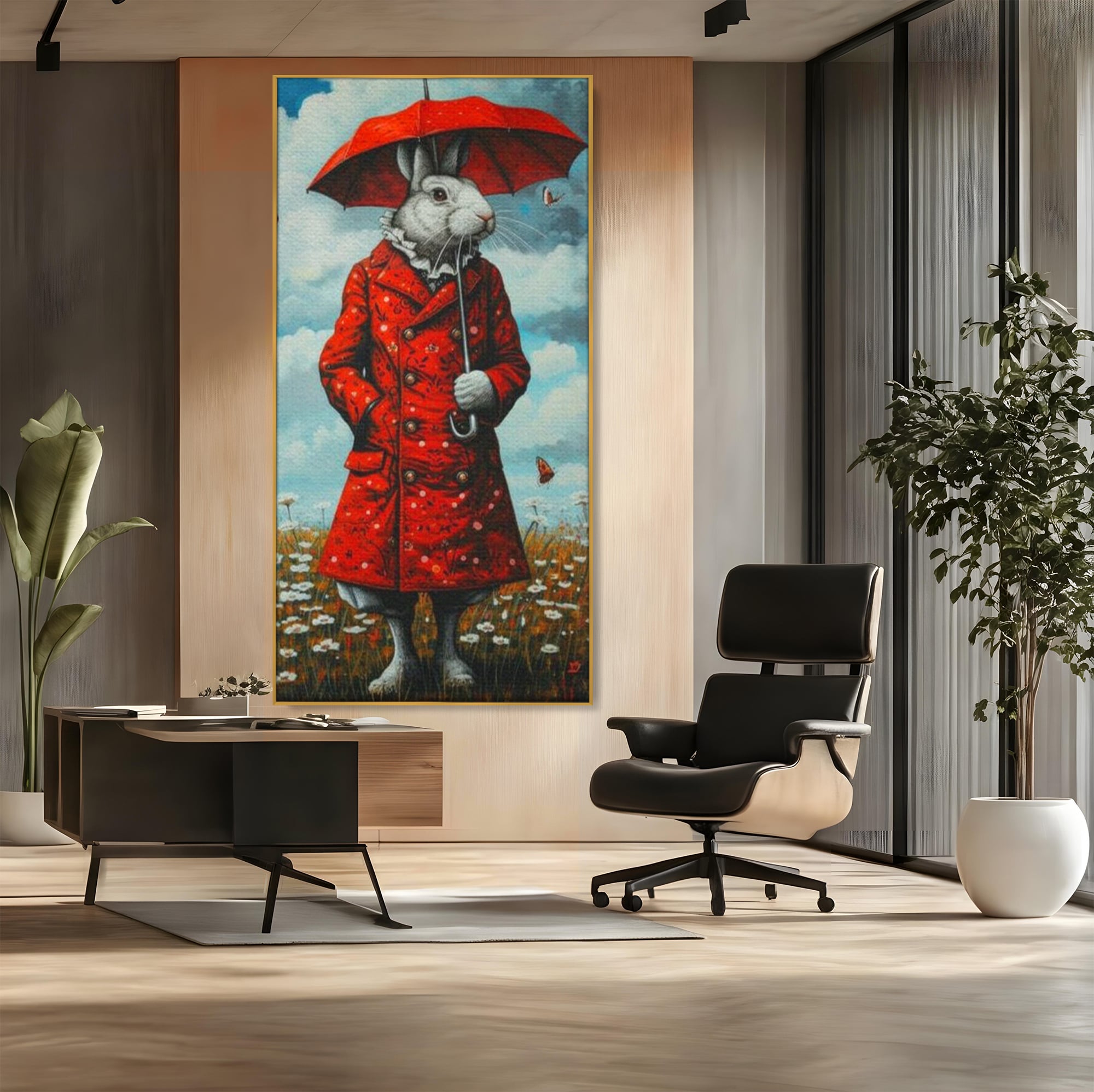Leinwand Wandkunst Leinwand Wandkunst Premium, LuxCanva® K1005, Herr Hase und Schmetterlinge, Fahrt, Regen, Rot, Regenschirm, Regenschirm, Blumen, Eleganz, Mantel, Knöpfe, Märchen, Märchen, Animiert, Kinderzimmer