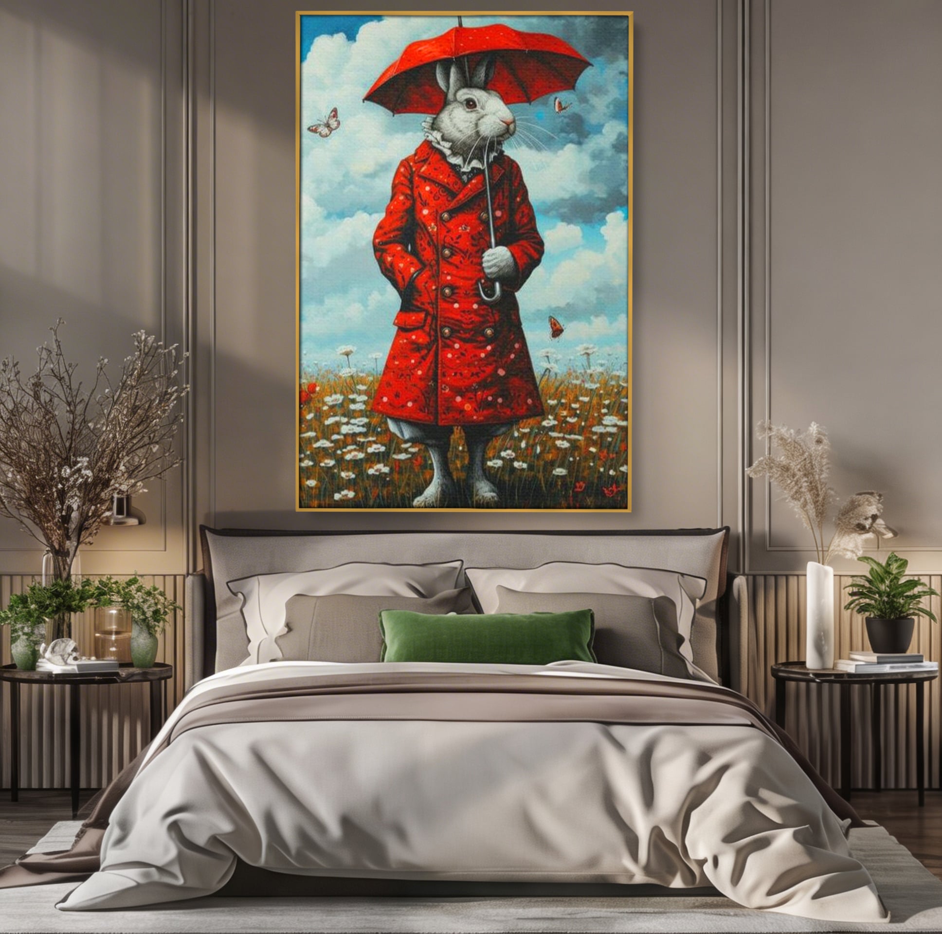 Leinwand Wandkunst Leinwand Wandkunst Premium, LuxCanva® K1005, Herr Hase und Schmetterlinge, Fahrt, Regen, Rot, Regenschirm, Regenschirm, Blumen, Eleganz, Mantel, Knöpfe, Märchen, Märchen, Animiert, Kinderzimmer