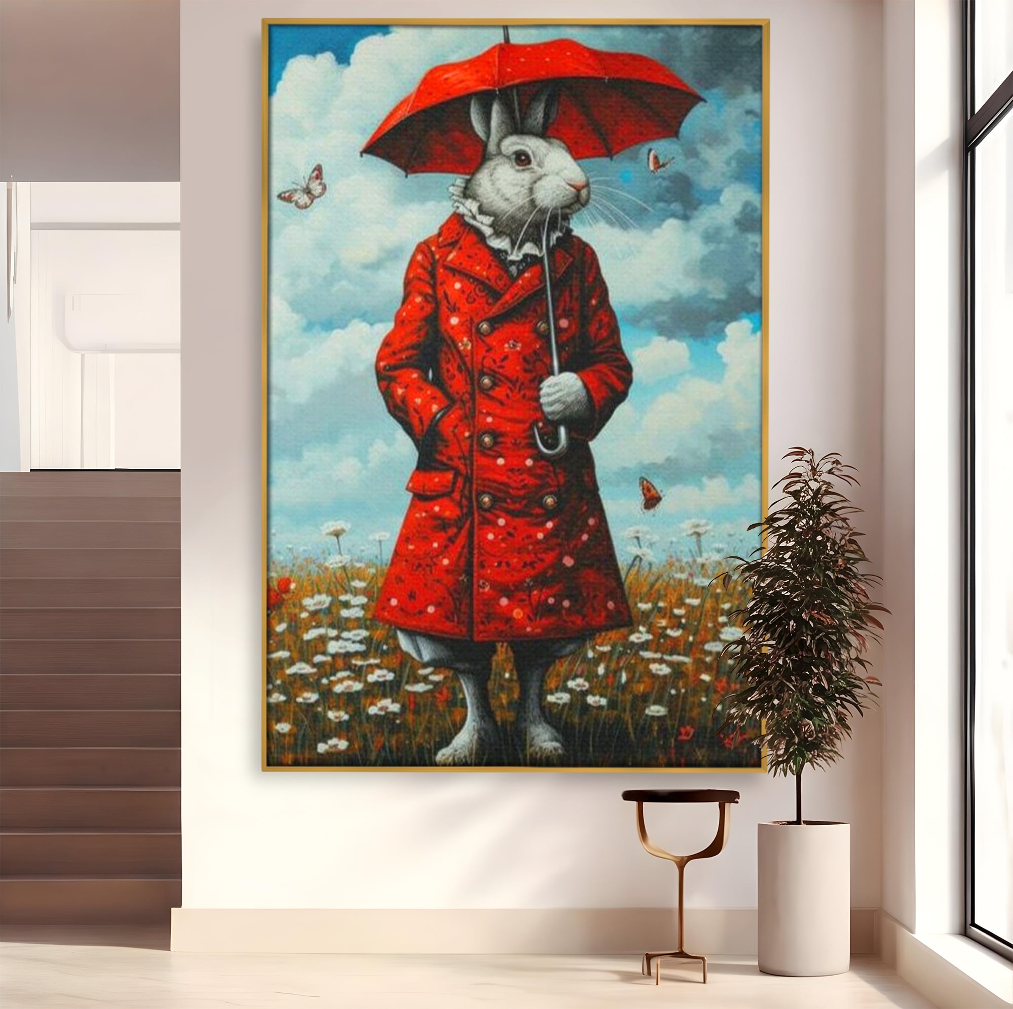 Leinwand Wandkunst Leinwand Wandkunst Premium, LuxCanva® K1005, Herr Hase und Schmetterlinge, Fahrt, Regen, Rot, Regenschirm, Regenschirm, Blumen, Eleganz, Mantel, Knöpfe, Märchen, Märchen, Animiert, Kinderzimmer