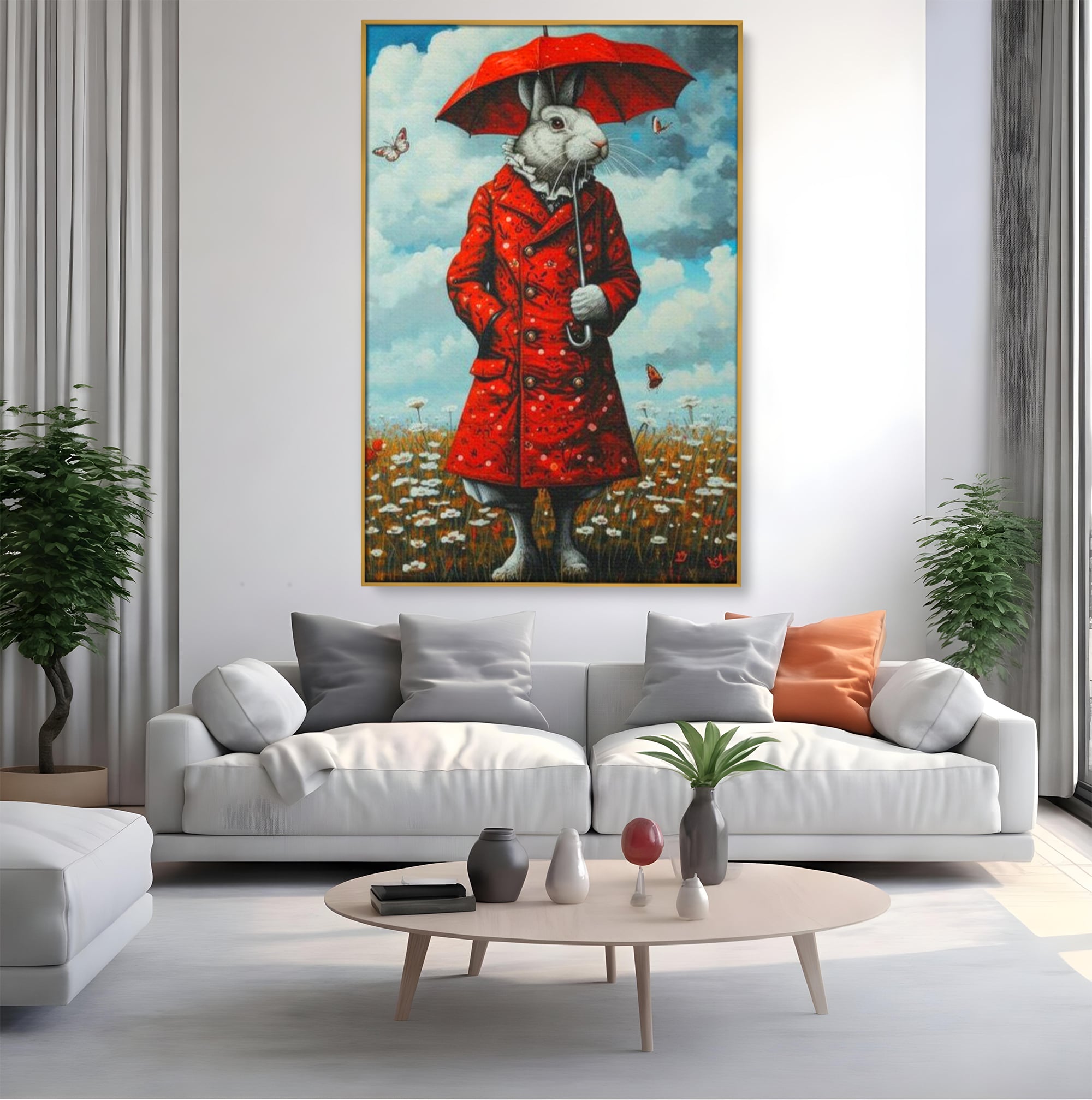 Leinwand Wandkunst Leinwand Wandkunst Premium, LuxCanva® K1005, Herr Hase und Schmetterlinge, Fahrt, Regen, Rot, Regenschirm, Regenschirm, Blumen, Eleganz, Mantel, Knöpfe, Märchen, Märchen, Animiert, Kinderzimmer