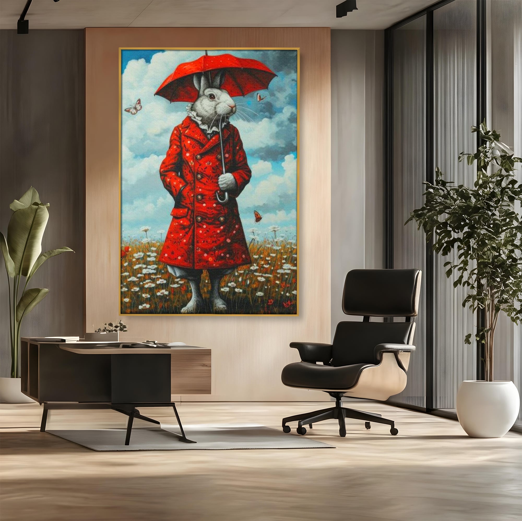 Leinwand Wandkunst Leinwand Wandkunst Premium, LuxCanva® K1005, Herr Hase und Schmetterlinge, Fahrt, Regen, Rot, Regenschirm, Regenschirm, Blumen, Eleganz, Mantel, Knöpfe, Märchen, Märchen, Animiert, Kinderzimmer