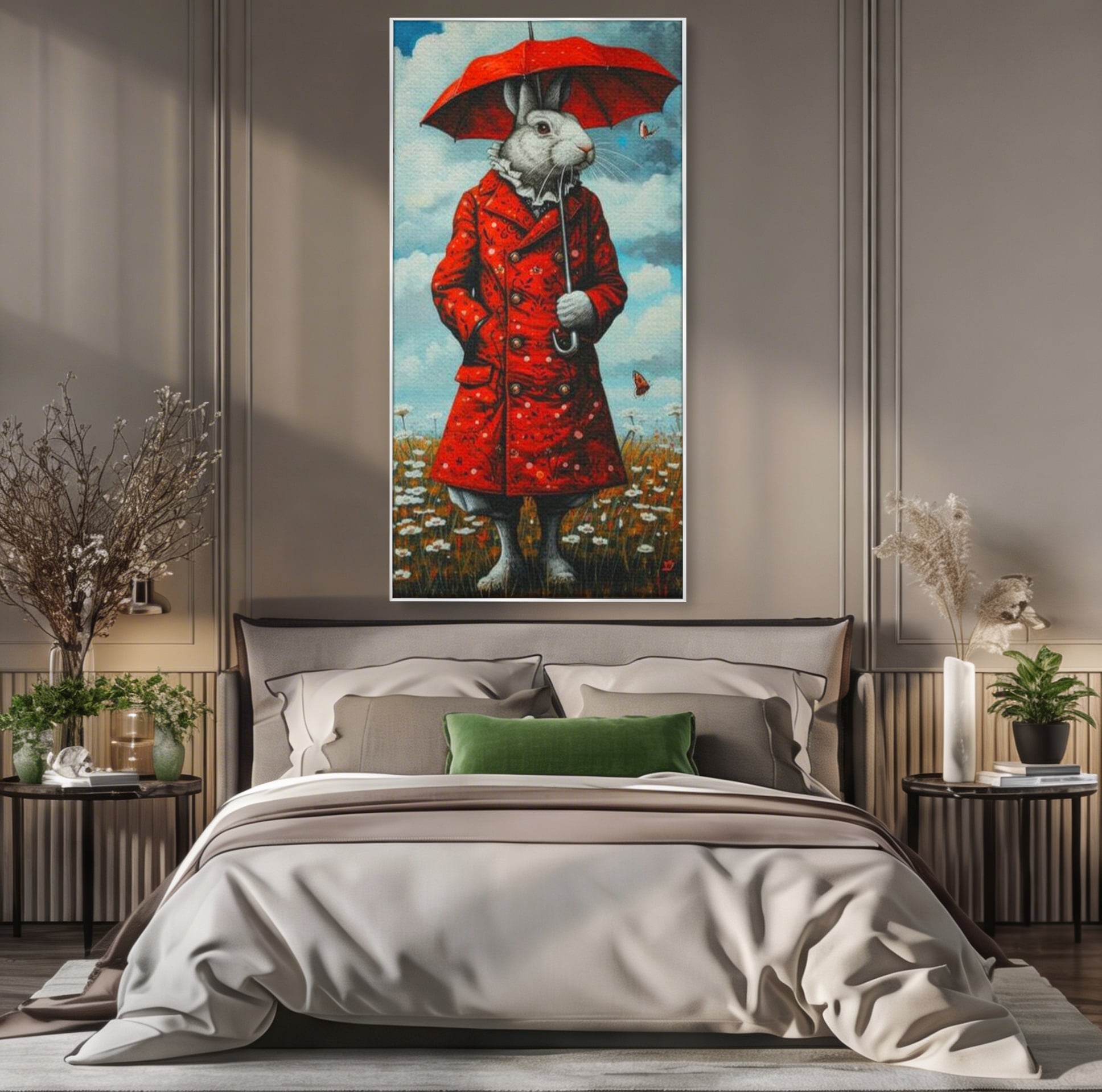 Leinwand Wandkunst Leinwand Wandkunst Premium, LuxCanva® K1005, Herr Hase und Schmetterlinge, Fahrt, Regen, Rot, Regenschirm, Regenschirm, Blumen, Eleganz, Mantel, Knöpfe, Märchen, Märchen, Animiert, Kinderzimmer