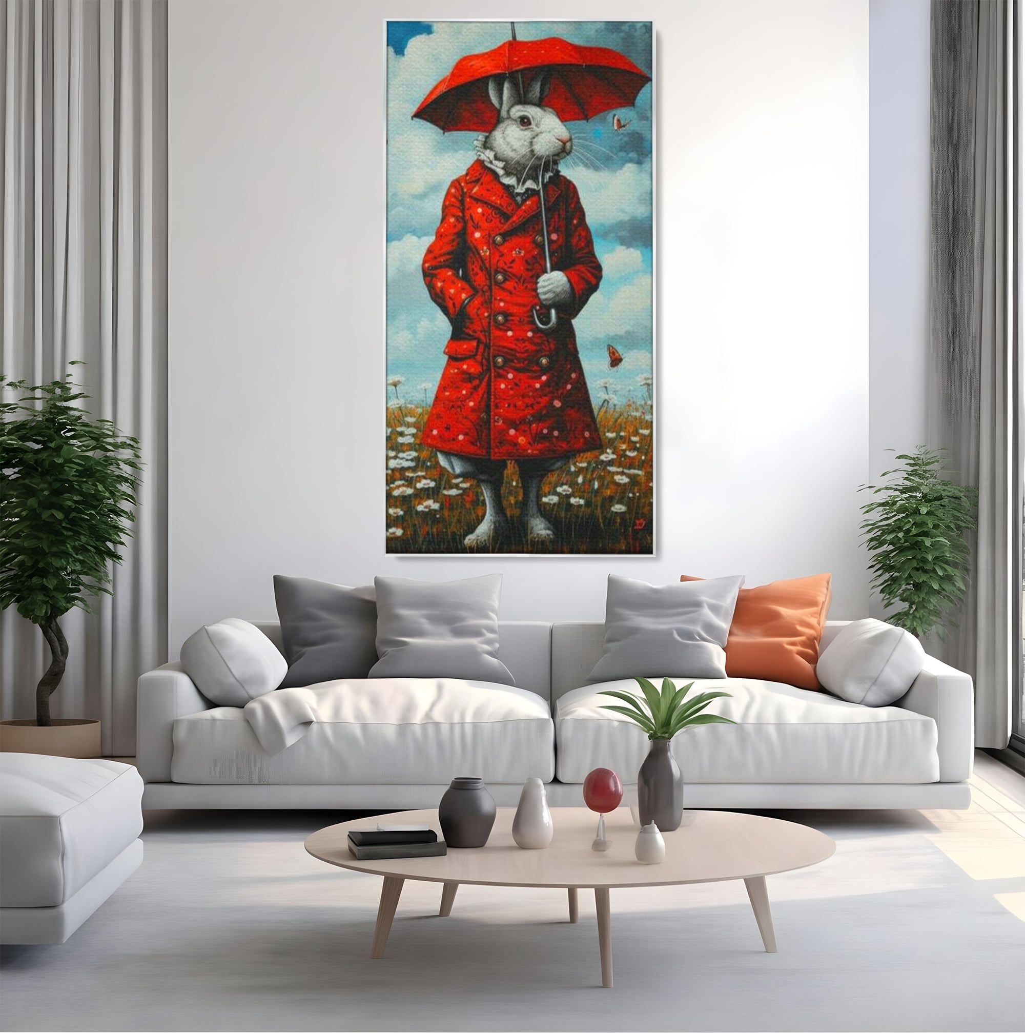 Leinwand Wandkunst Leinwand Wandkunst Premium, LuxCanva® K1005, Herr Hase und Schmetterlinge, Fahrt, Regen, Rot, Regenschirm, Regenschirm, Blumen, Eleganz, Mantel, Knöpfe, Märchen, Märchen, Animiert, Kinderzimmer