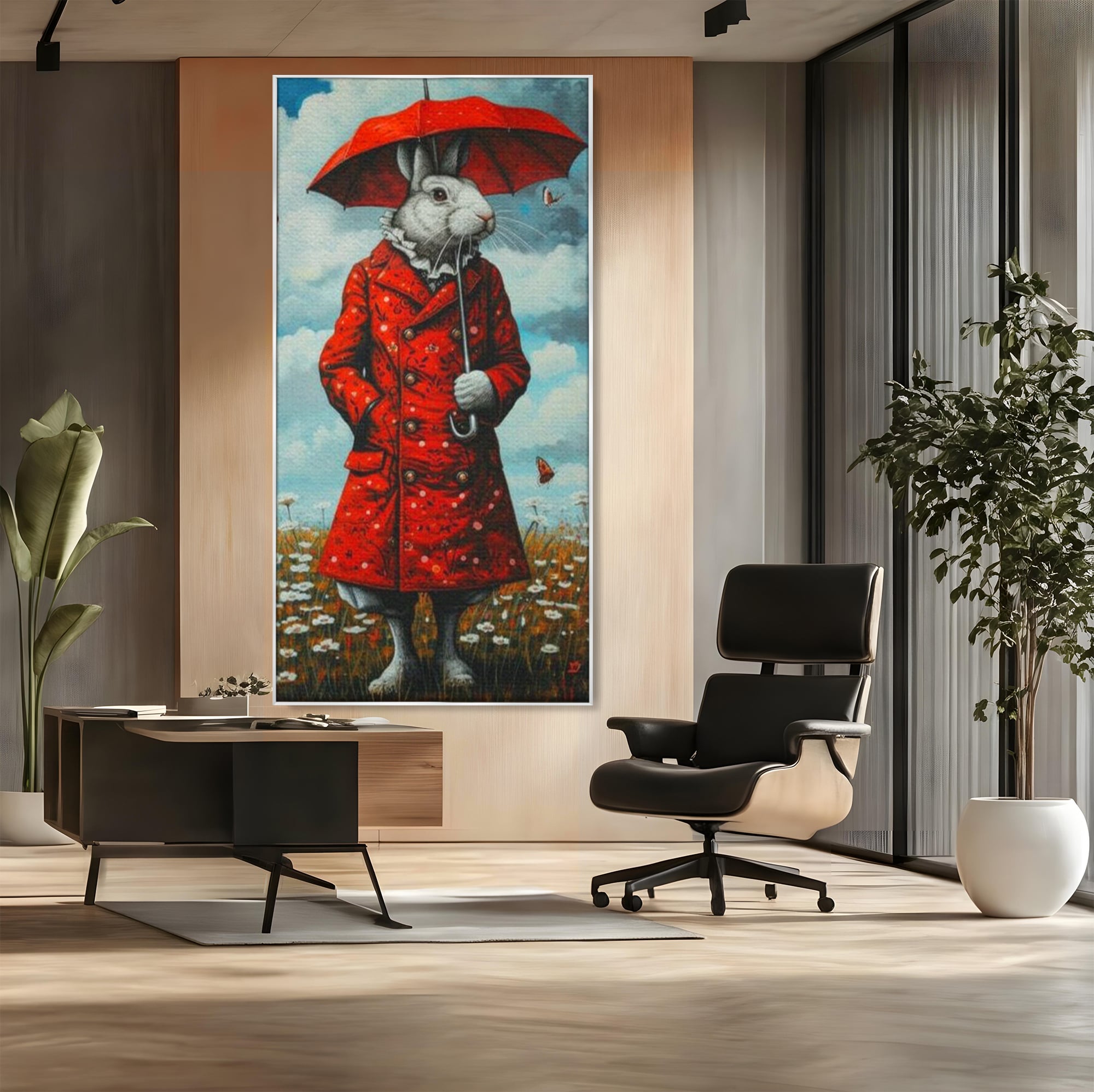 Leinwand Wandkunst Leinwand Wandkunst Premium, LuxCanva® K1005, Herr Hase und Schmetterlinge, Fahrt, Regen, Rot, Regenschirm, Regenschirm, Blumen, Eleganz, Mantel, Knöpfe, Märchen, Märchen, Animiert, Kinderzimmer