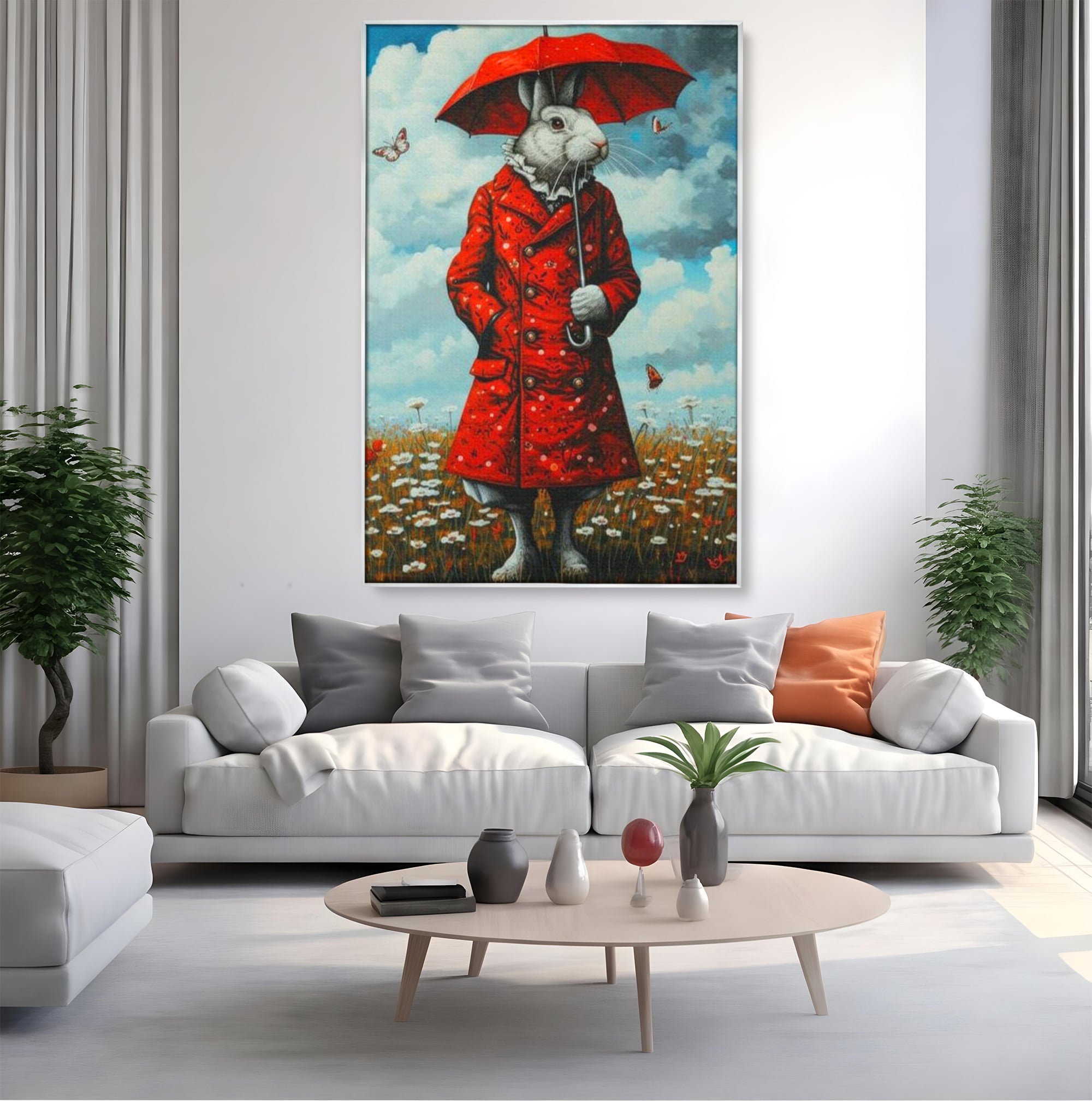 Leinwand Wandkunst Leinwand Wandkunst Premium, LuxCanva® K1005, Herr Hase und Schmetterlinge, Fahrt, Regen, Rot, Regenschirm, Regenschirm, Blumen, Eleganz, Mantel, Knöpfe, Märchen, Märchen, Animiert, Kinderzimmer