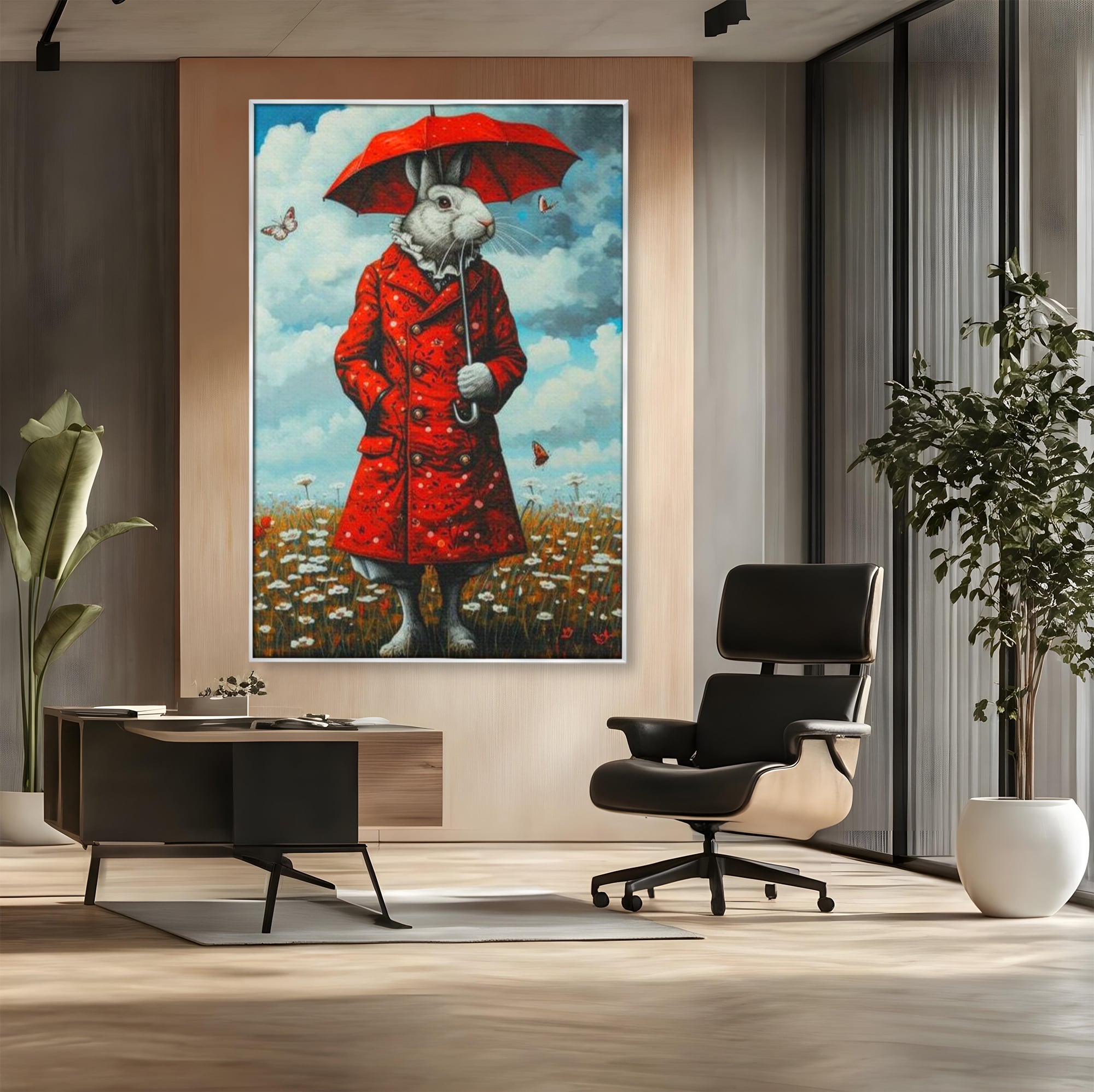 Leinwand Wandkunst Leinwand Wandkunst Premium, LuxCanva® K1005, Herr Hase und Schmetterlinge, Fahrt, Regen, Rot, Regenschirm, Regenschirm, Blumen, Eleganz, Mantel, Knöpfe, Märchen, Märchen, Animiert, Kinderzimmer