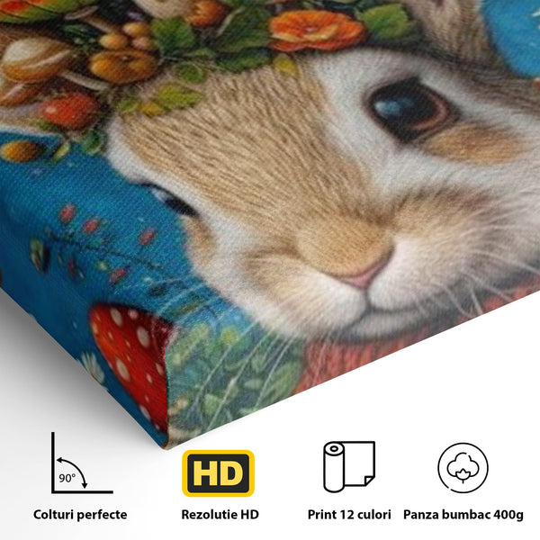 Tablou Canvas Premium, LuxCanva® K1006, Iepurasul Si Gradina Magica, Padurar, Palarie, Fermecata, Print, Padure, Ciupercute, Norisori, Capsuni, Basm, Decor, Camera Copii