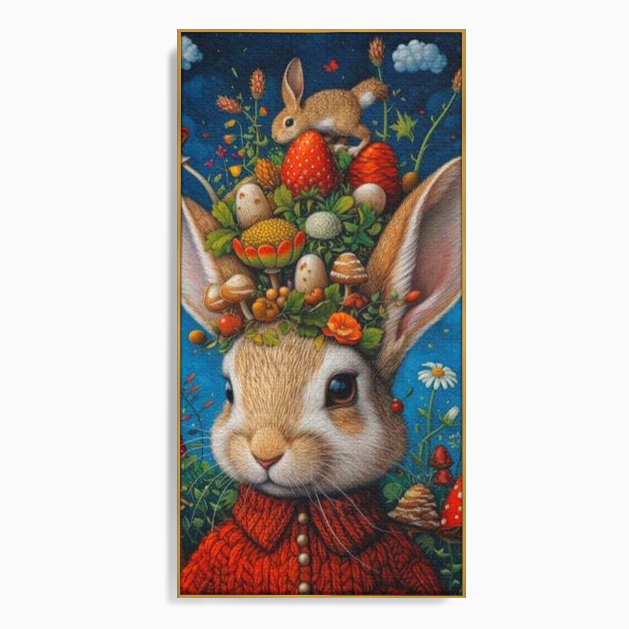 Tablou Canvas Premium, LuxCanva® K1006, Iepurasul Si Gradina Magica, Padurar, Palarie, Fermecata, Print, Padure, Ciupercute, Norisori, Capsuni, Basm, Decor, Camera Copii