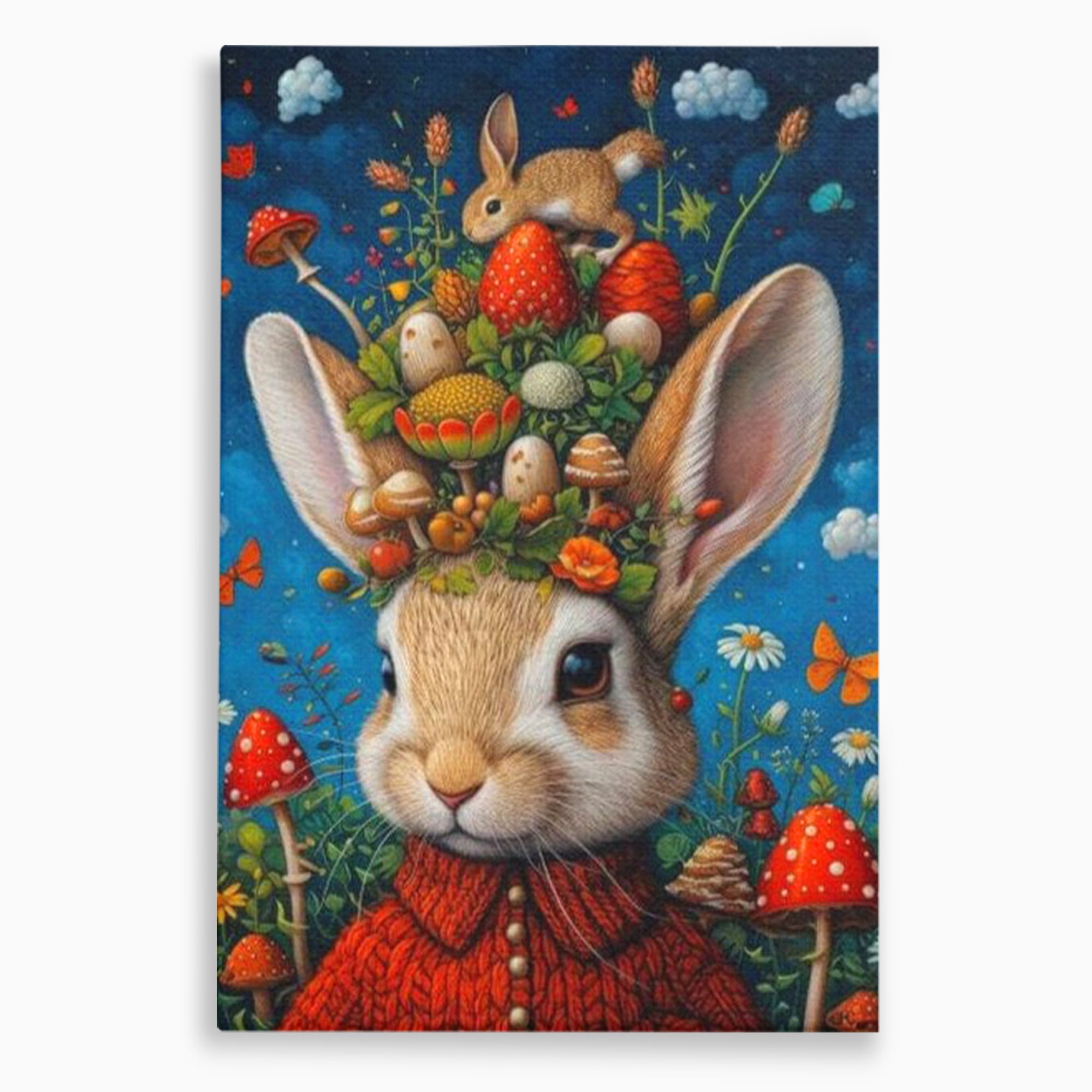 Tablou Canvas Premium, LuxCanva® K1006, Iepurasul Si Gradina Magica, Padurar, Palarie, Fermecata, Print, Padure, Ciupercute, Norisori, Capsuni, Basm, Decor, Camera Copii