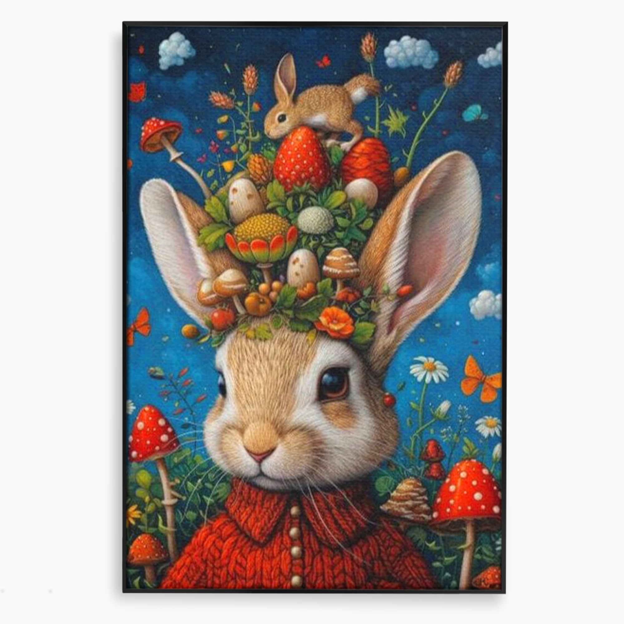 Tablou Canvas Premium, LuxCanva® K1006, Iepurasul Si Gradina Magica, Padurar, Palarie, Fermecata, Print, Padure, Ciupercute, Norisori, Capsuni, Basm, Decor, Camera Copii