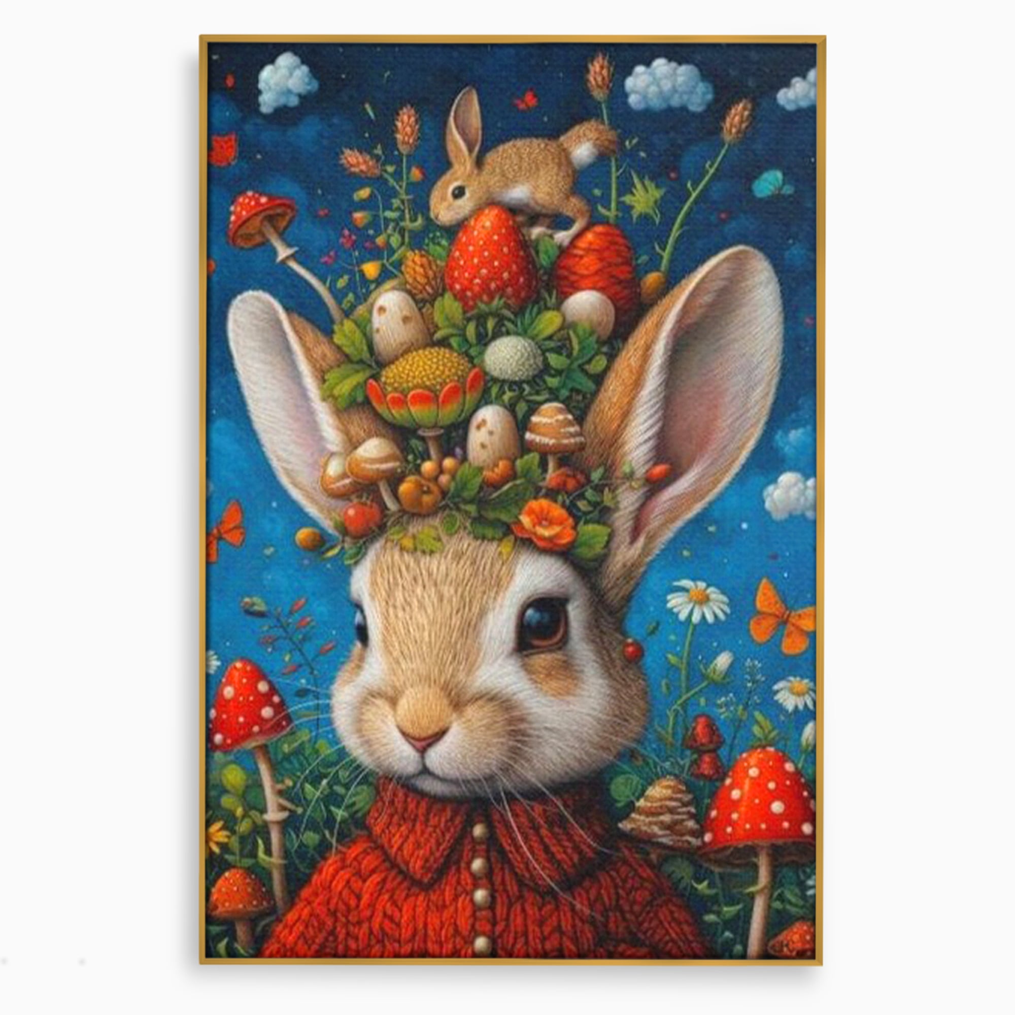 Tablou Canvas Premium, LuxCanva® K1006, Iepurasul Si Gradina Magica, Padurar, Palarie, Fermecata, Print, Padure, Ciupercute, Norisori, Capsuni, Basm, Decor, Camera Copii
