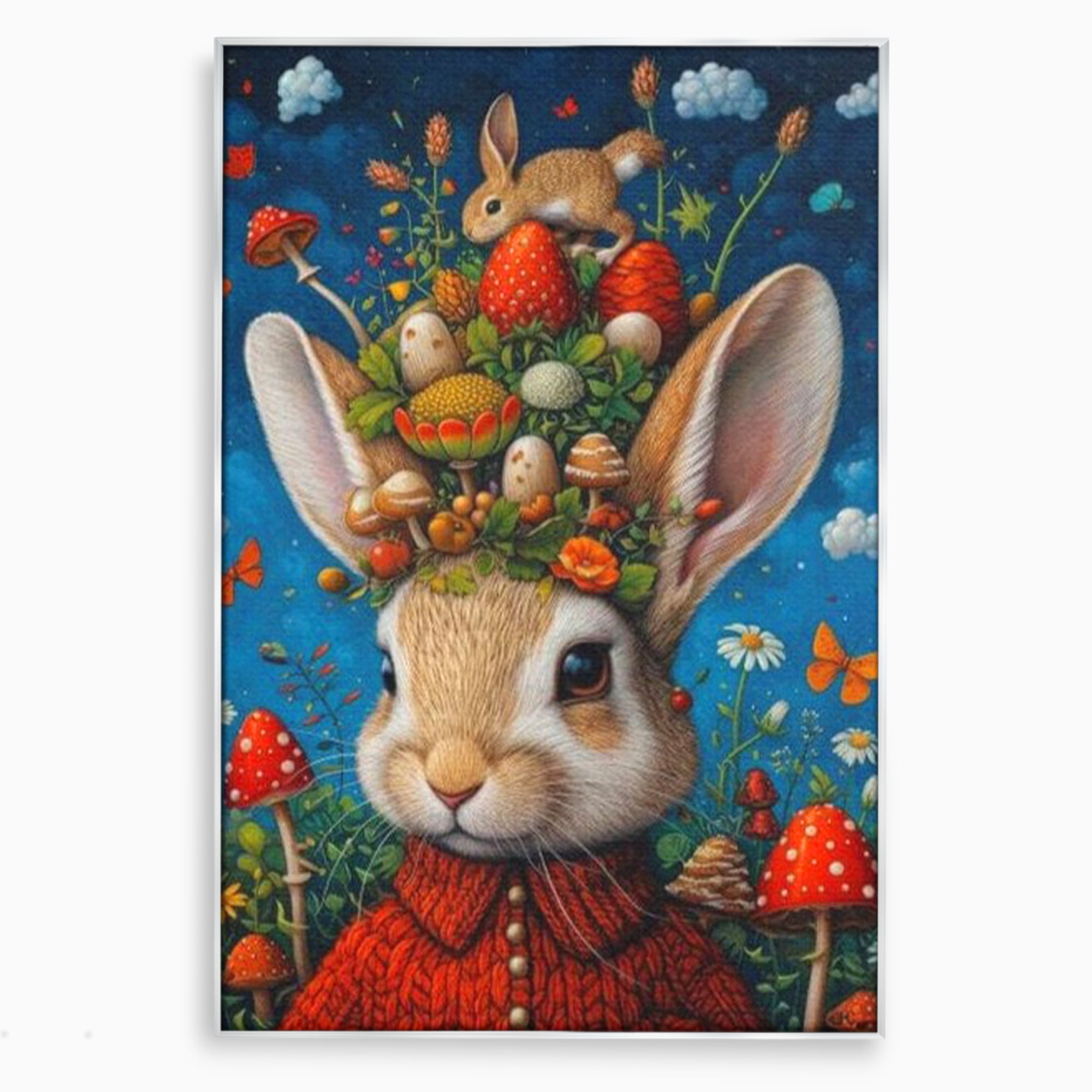 Tablou Canvas Premium, LuxCanva® K1006, Iepurasul Si Gradina Magica, Padurar, Palarie, Fermecata, Print, Padure, Ciupercute, Norisori, Capsuni, Basm, Decor, Camera Copii