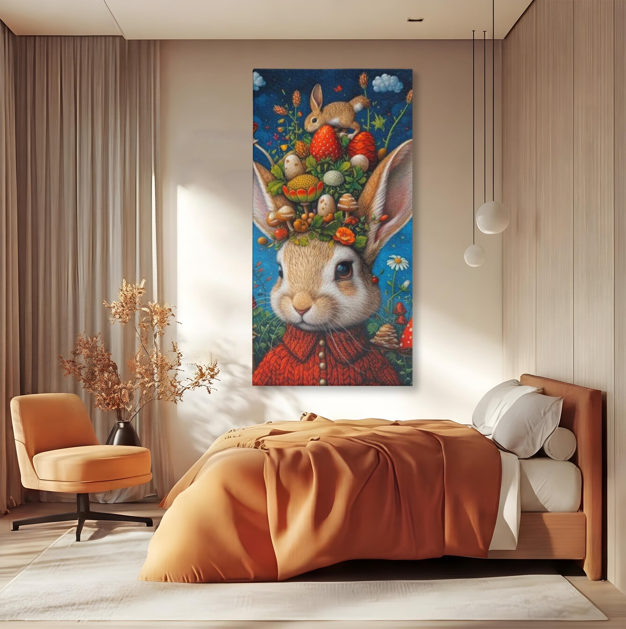 Tablou Canvas Premium, LuxCanva® K1006, Iepurasul Si Gradina Magica, Padurar, Palarie, Fermecata, Print, Padure, Ciupercute, Norisori, Capsuni, Basm, Decor, Camera Copii