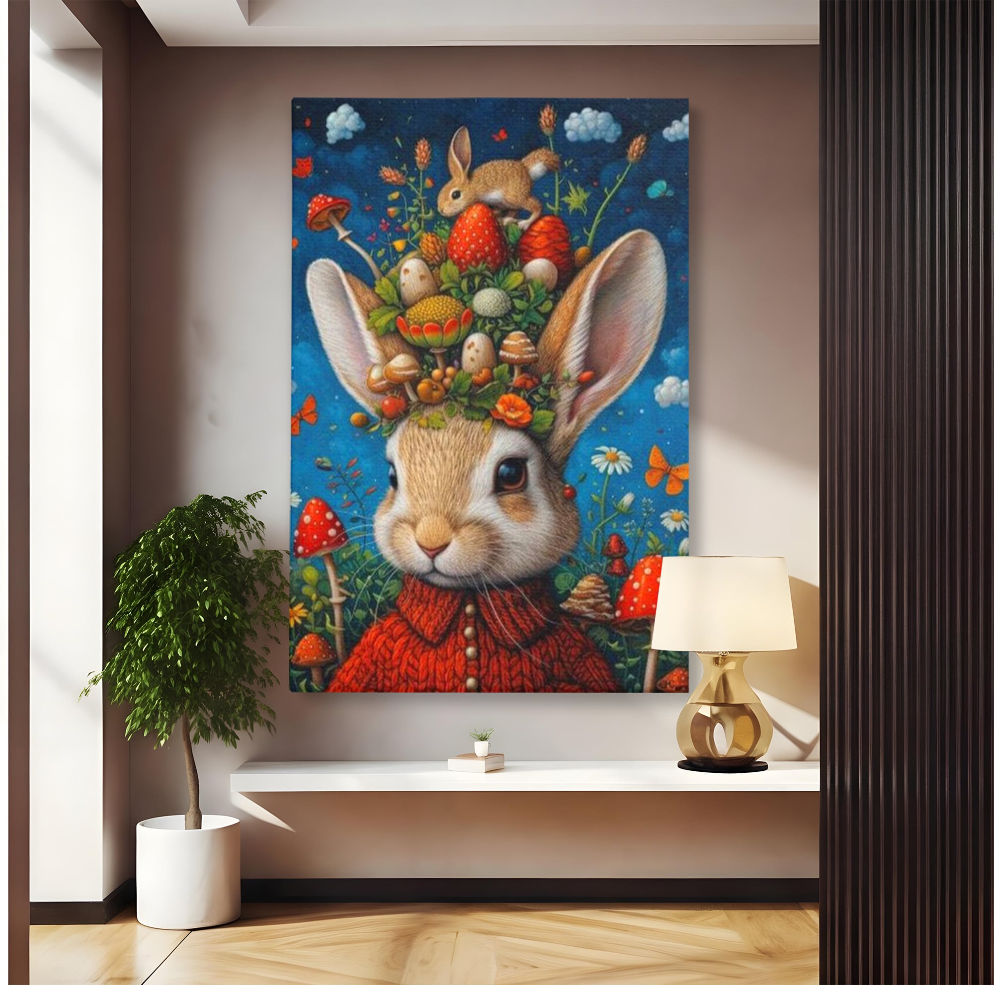 Tablou Canvas Premium, LuxCanva® K1006, Iepurasul Si Gradina Magica, Padurar, Palarie, Fermecata, Print, Padure, Ciupercute, Norisori, Capsuni, Basm, Decor, Camera Copii
