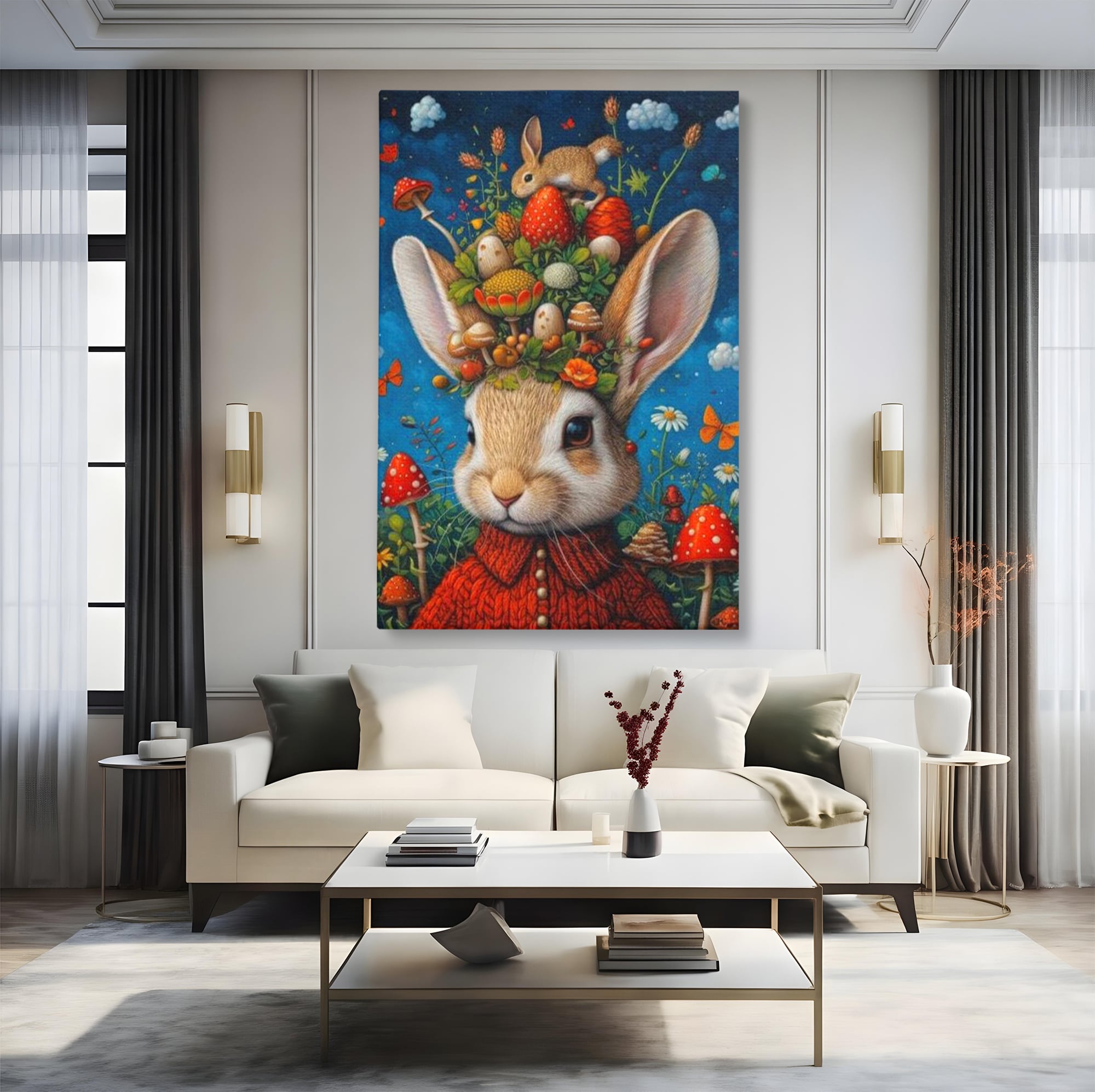 Tablou Canvas Premium, LuxCanva® K1006, Iepurasul Si Gradina Magica, Padurar, Palarie, Fermecata, Print, Padure, Ciupercute, Norisori, Capsuni, Basm, Decor, Camera Copii