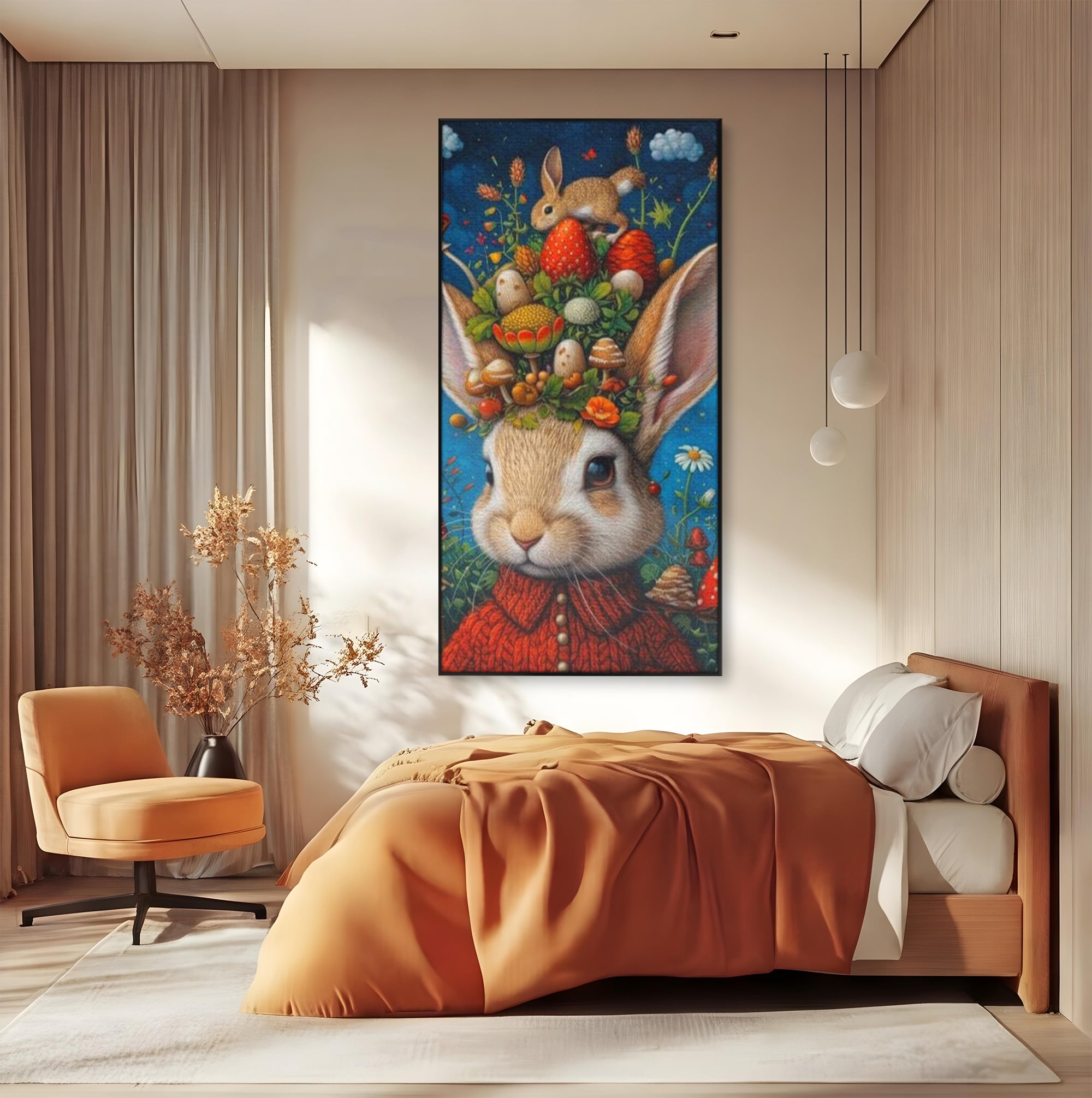 Tablou Canvas Premium, LuxCanva® K1006, Iepurasul Si Gradina Magica, Padurar, Palarie, Fermecata, Print, Padure, Ciupercute, Norisori, Capsuni, Basm, Decor, Camera Copii