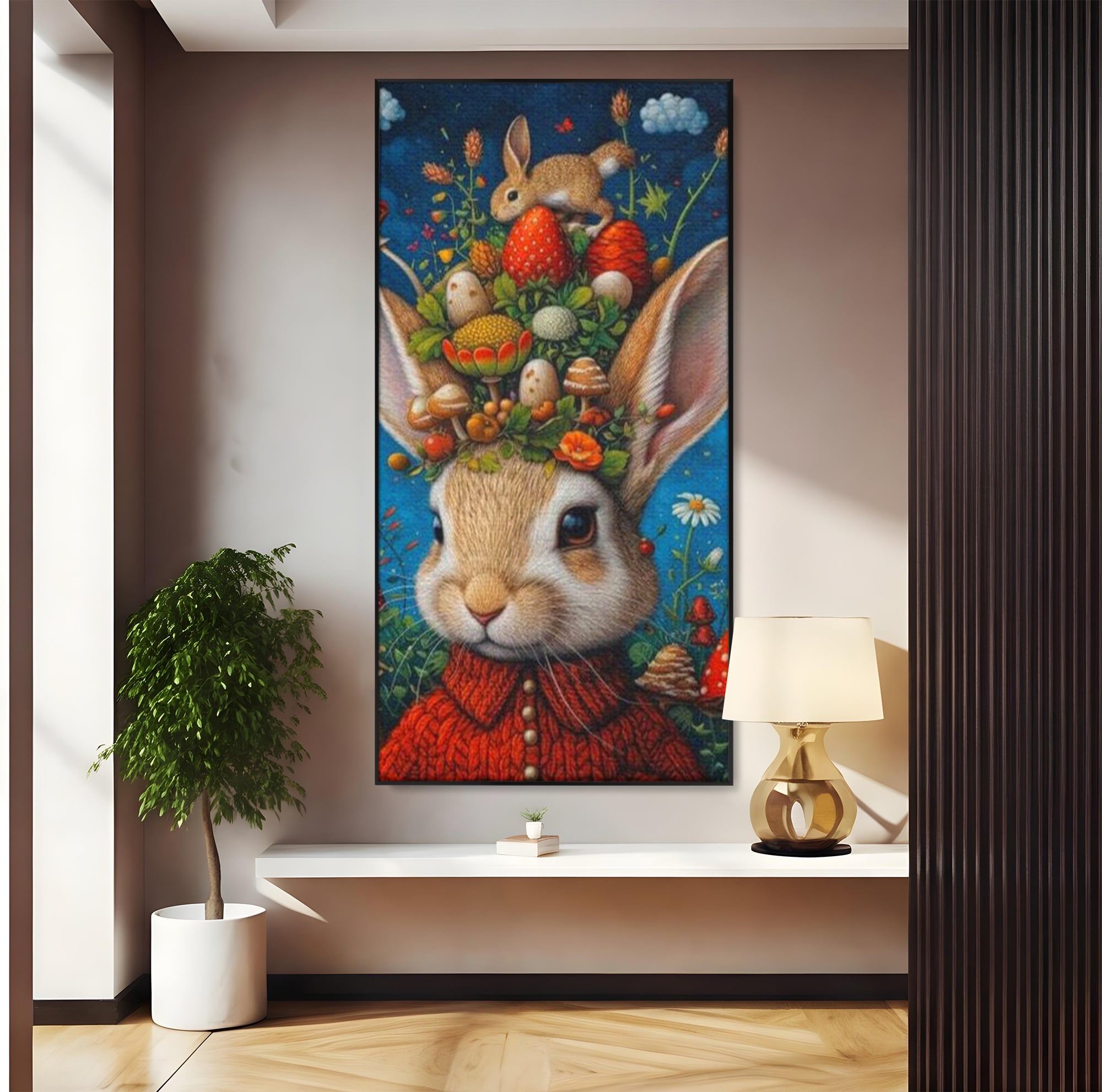 Tablou Canvas Premium, LuxCanva® K1006, Iepurasul Si Gradina Magica, Padurar, Palarie, Fermecata, Print, Padure, Ciupercute, Norisori, Capsuni, Basm, Decor, Camera Copii