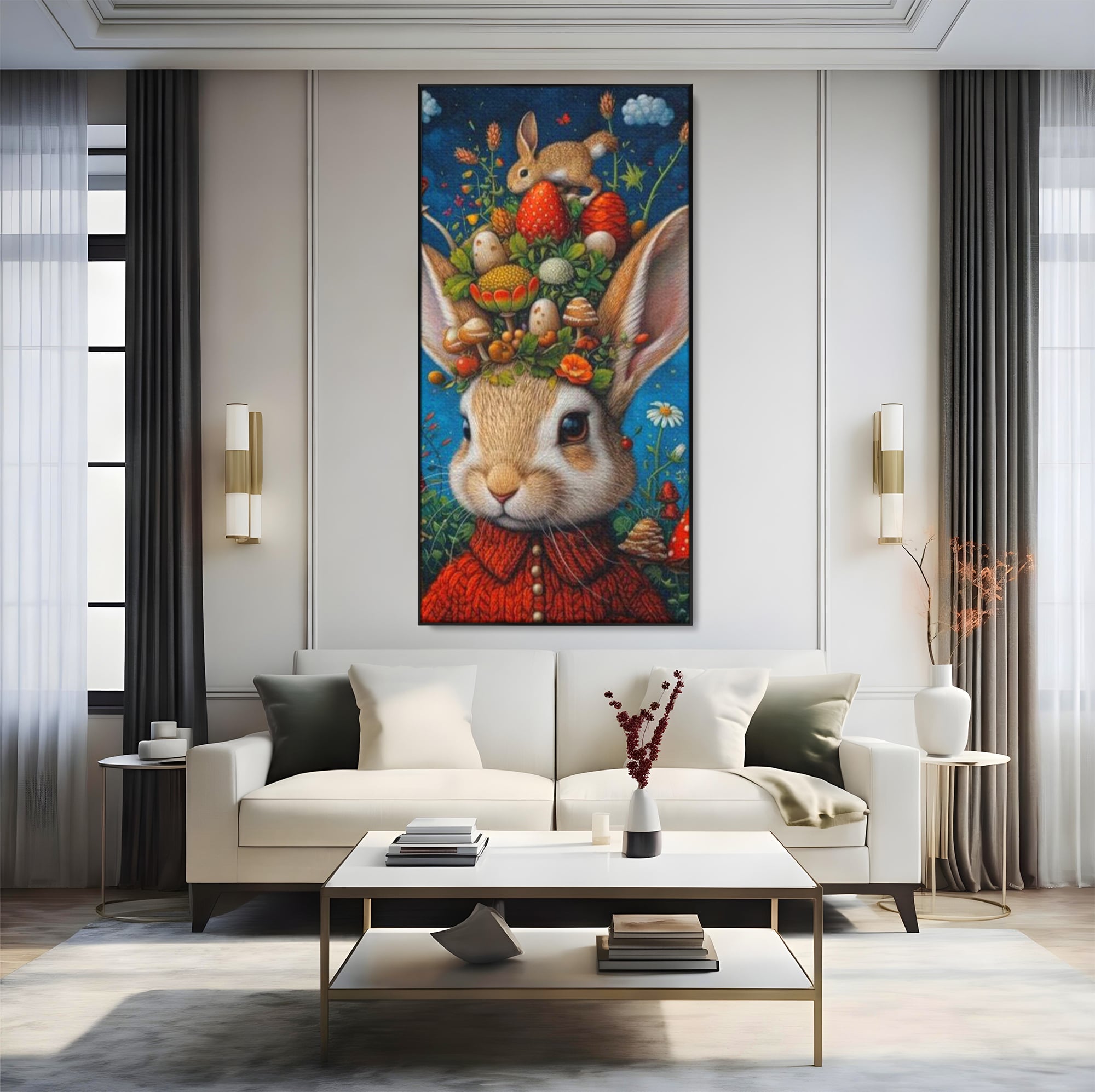 Tablou Canvas Premium, LuxCanva® K1006, Iepurasul Si Gradina Magica, Padurar, Palarie, Fermecata, Print, Padure, Ciupercute, Norisori, Capsuni, Basm, Decor, Camera Copii