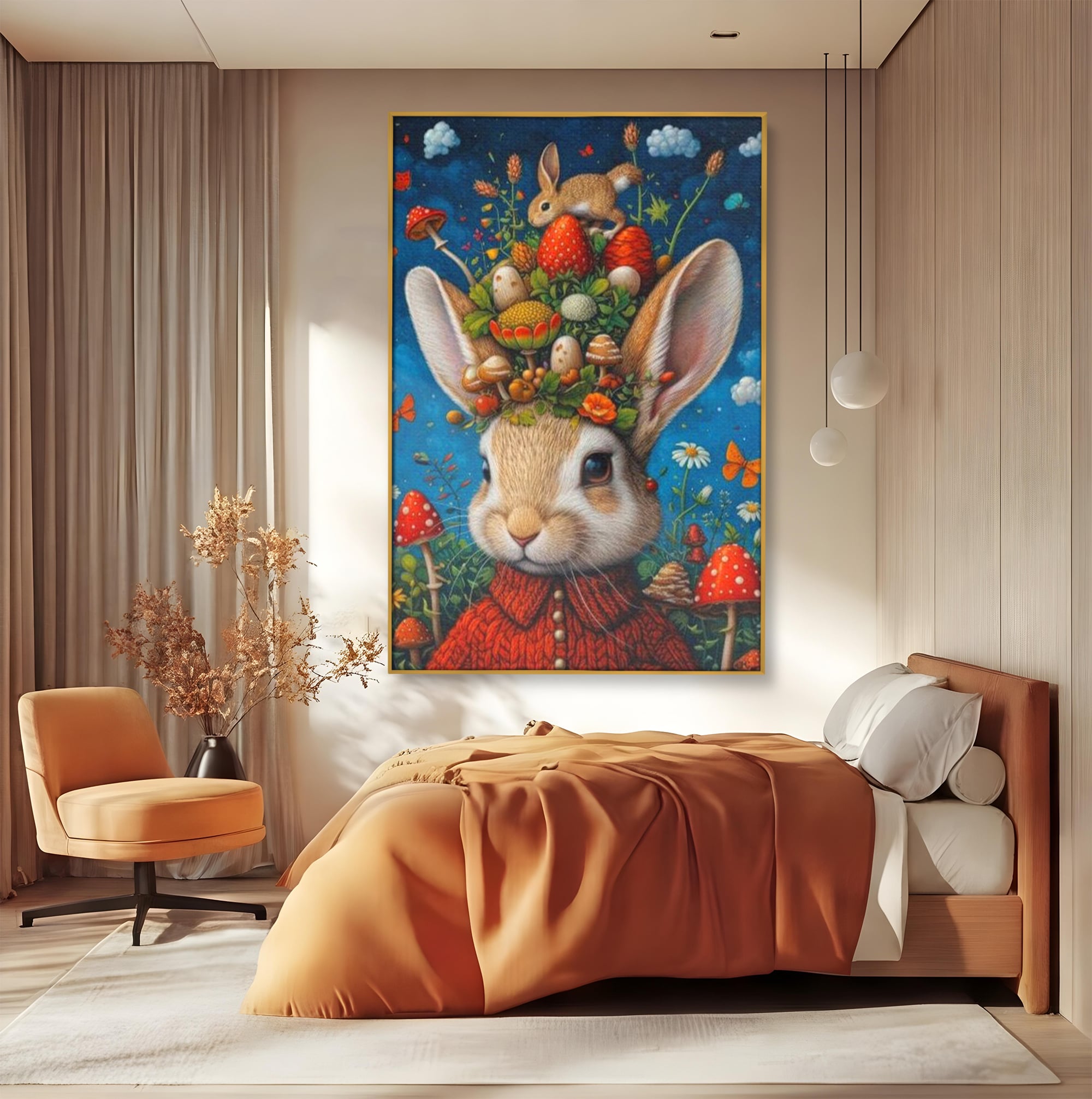 Tablou Canvas Premium, LuxCanva® K1006, Iepurasul Si Gradina Magica, Padurar, Palarie, Fermecata, Print, Padure, Ciupercute, Norisori, Capsuni, Basm, Decor, Camera Copii