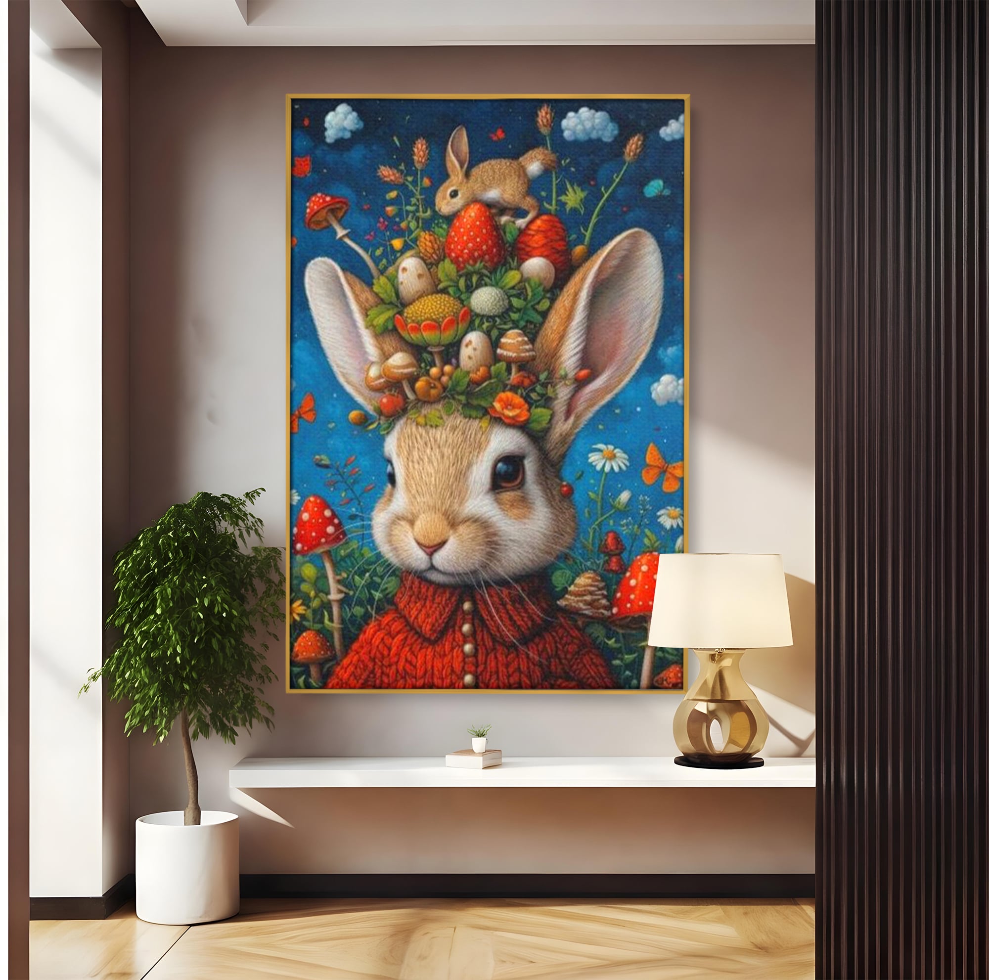 Tablou Canvas Premium, LuxCanva® K1006, Iepurasul Si Gradina Magica, Padurar, Palarie, Fermecata, Print, Padure, Ciupercute, Norisori, Capsuni, Basm, Decor, Camera Copii