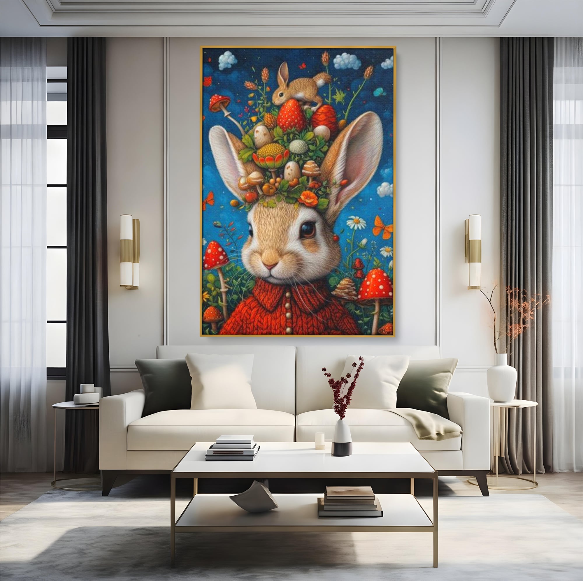 Tablou Canvas Premium, LuxCanva® K1006, Iepurasul Si Gradina Magica, Padurar, Palarie, Fermecata, Print, Padure, Ciupercute, Norisori, Capsuni, Basm, Decor, Camera Copii