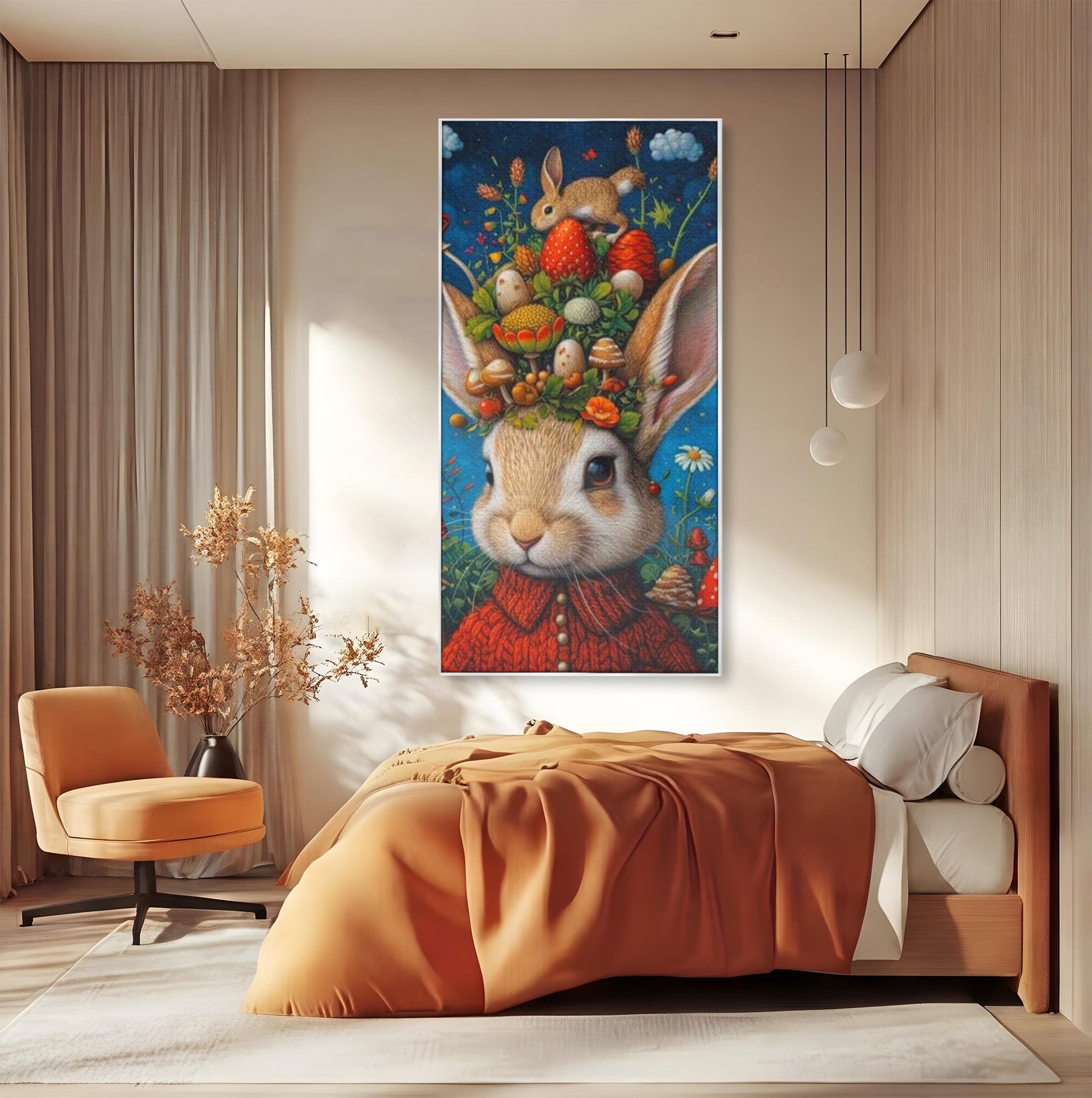 Tablou Canvas Premium, LuxCanva® K1006, Iepurasul Si Gradina Magica, Padurar, Palarie, Fermecata, Print, Padure, Ciupercute, Norisori, Capsuni, Basm, Decor, Camera Copii