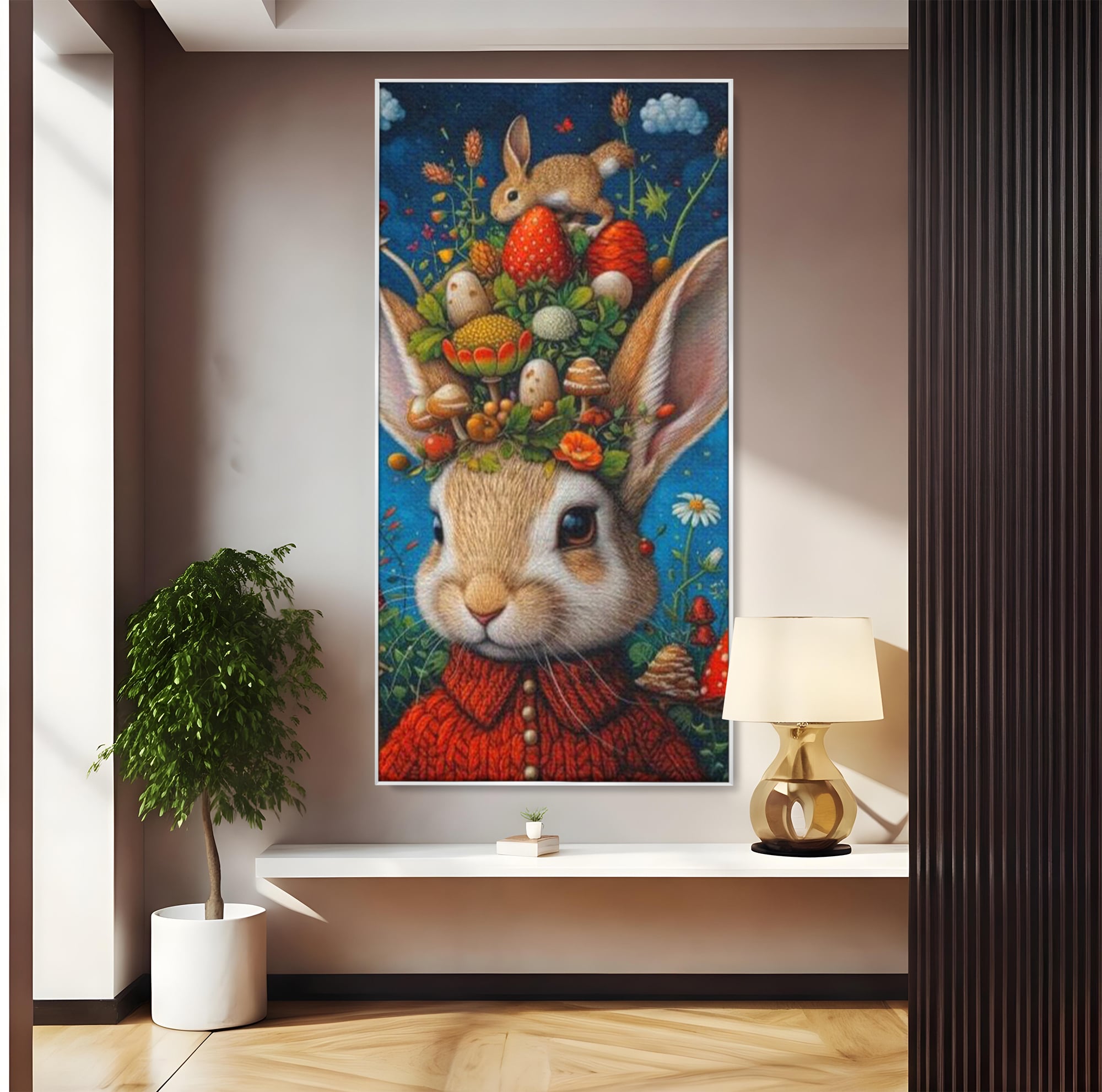 Tablou Canvas Premium, LuxCanva® K1006, Iepurasul Si Gradina Magica, Padurar, Palarie, Fermecata, Print, Padure, Ciupercute, Norisori, Capsuni, Basm, Decor, Camera Copii