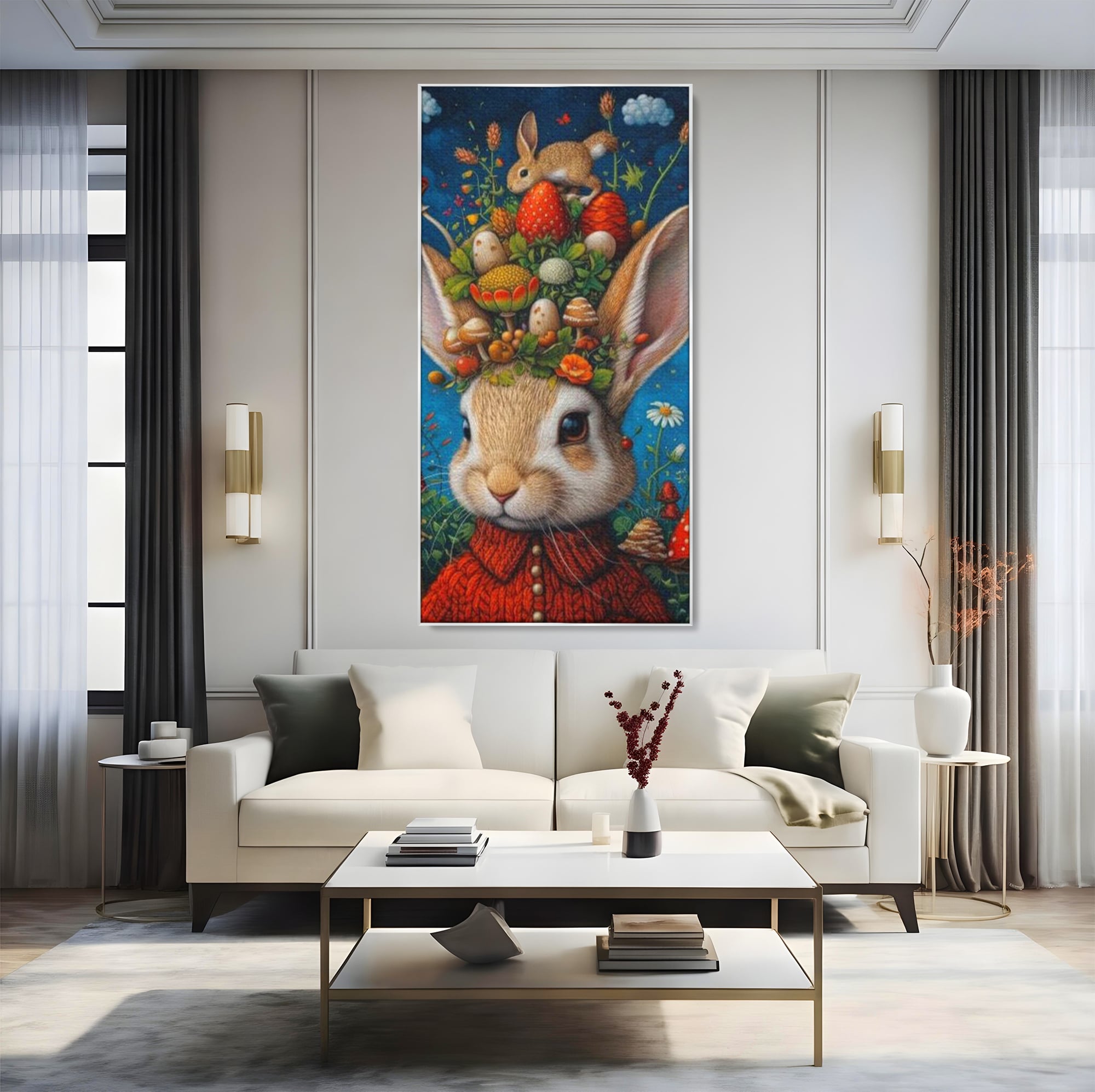 Tablou Canvas Premium, LuxCanva® K1006, Iepurasul Si Gradina Magica, Padurar, Palarie, Fermecata, Print, Padure, Ciupercute, Norisori, Capsuni, Basm, Decor, Camera Copii