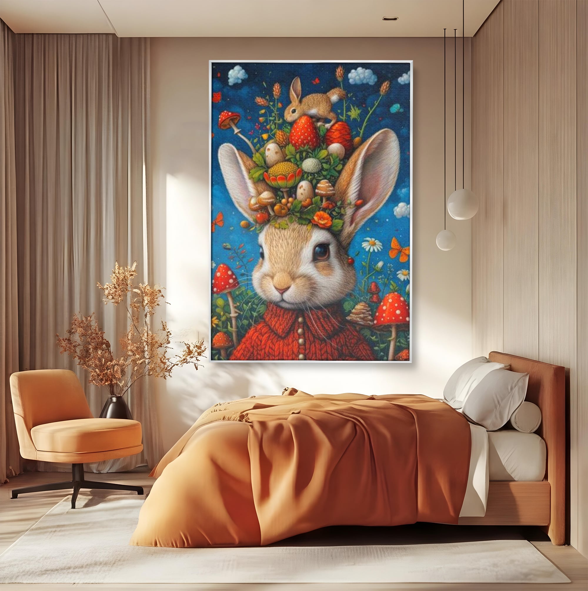 Tablou Canvas Premium, LuxCanva® K1006, Iepurasul Si Gradina Magica, Padurar, Palarie, Fermecata, Print, Padure, Ciupercute, Norisori, Capsuni, Basm, Decor, Camera Copii
