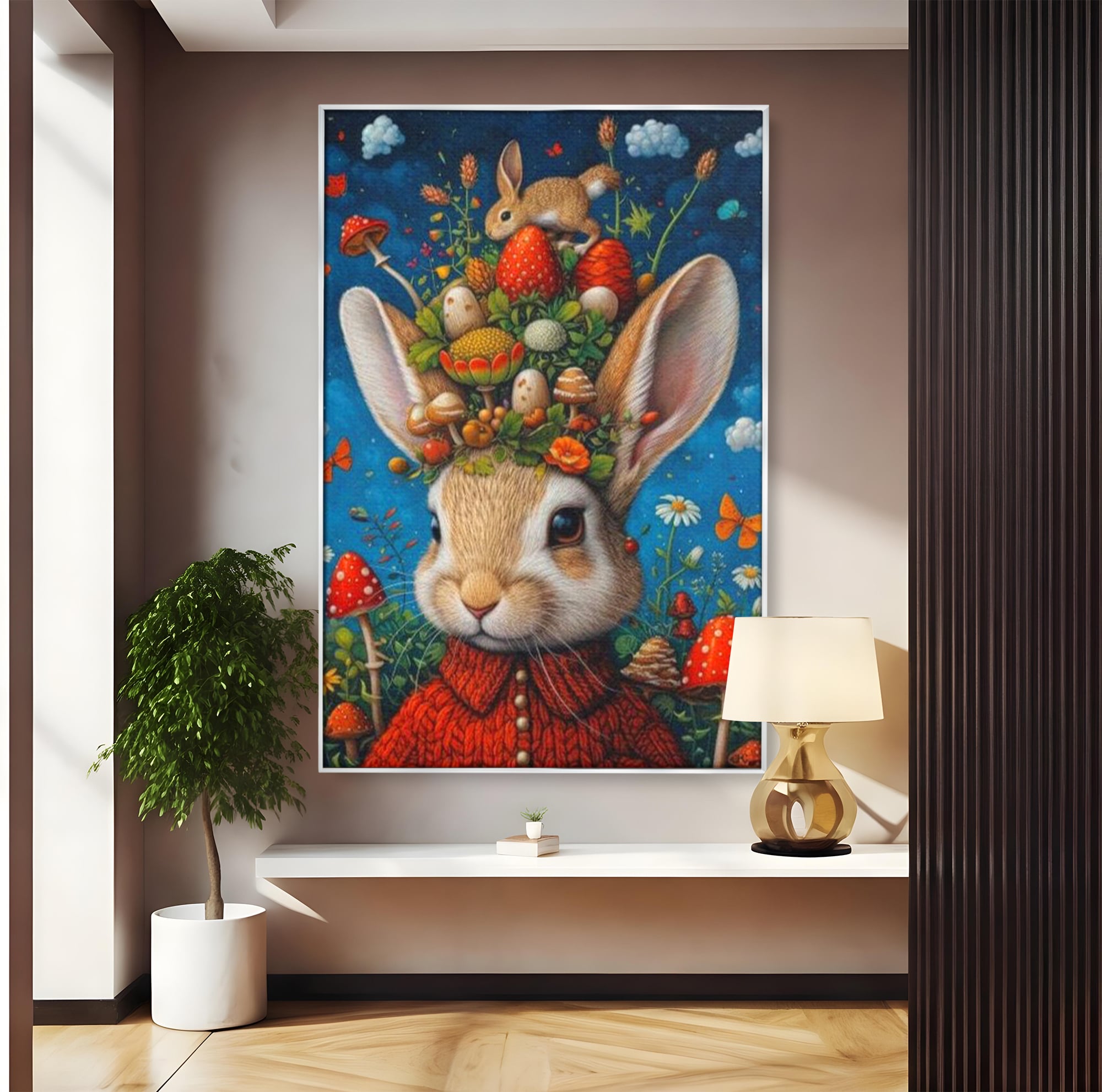 Tablou Canvas Premium, LuxCanva® K1006, Iepurasul Si Gradina Magica, Padurar, Palarie, Fermecata, Print, Padure, Ciupercute, Norisori, Capsuni, Basm, Decor, Camera Copii