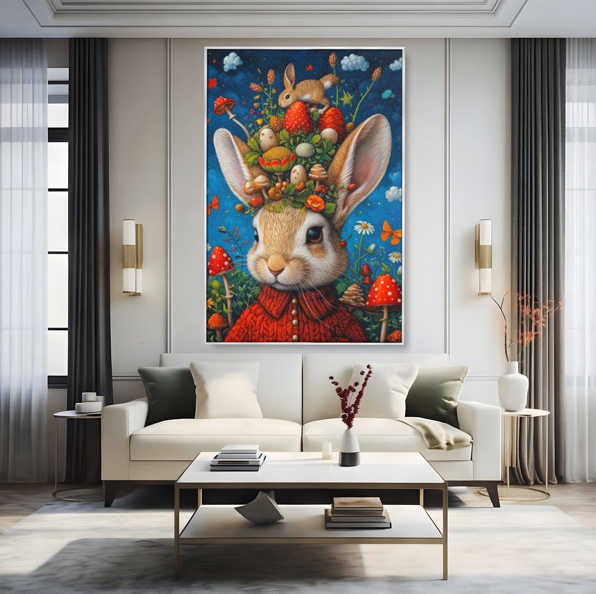 Tablou Canvas Premium, LuxCanva® K1006, Iepurasul Si Gradina Magica, Padurar, Palarie, Fermecata, Print, Padure, Ciupercute, Norisori, Capsuni, Basm, Decor, Camera Copii
